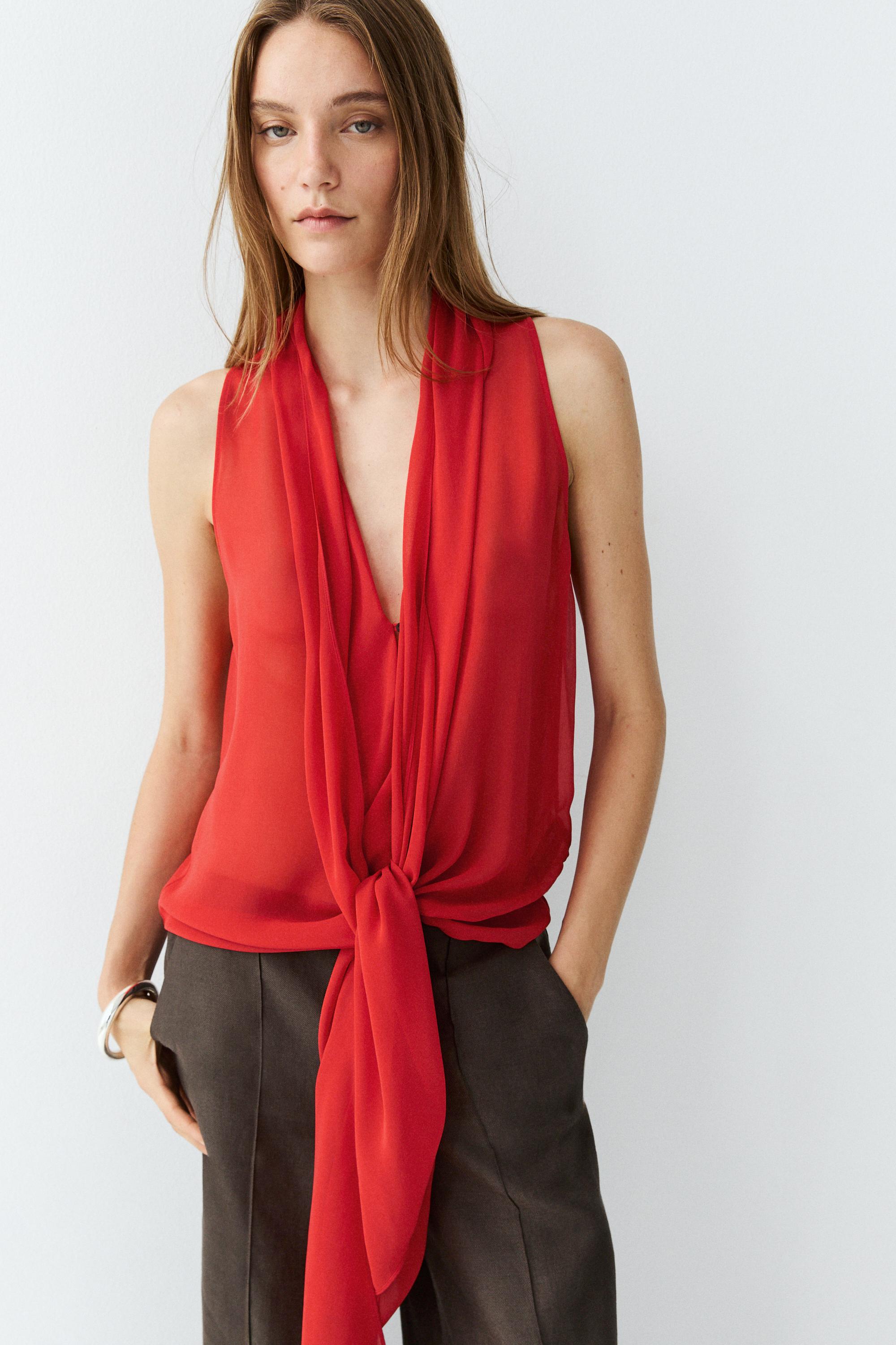 100% silk semi-sheer top with tie — RED