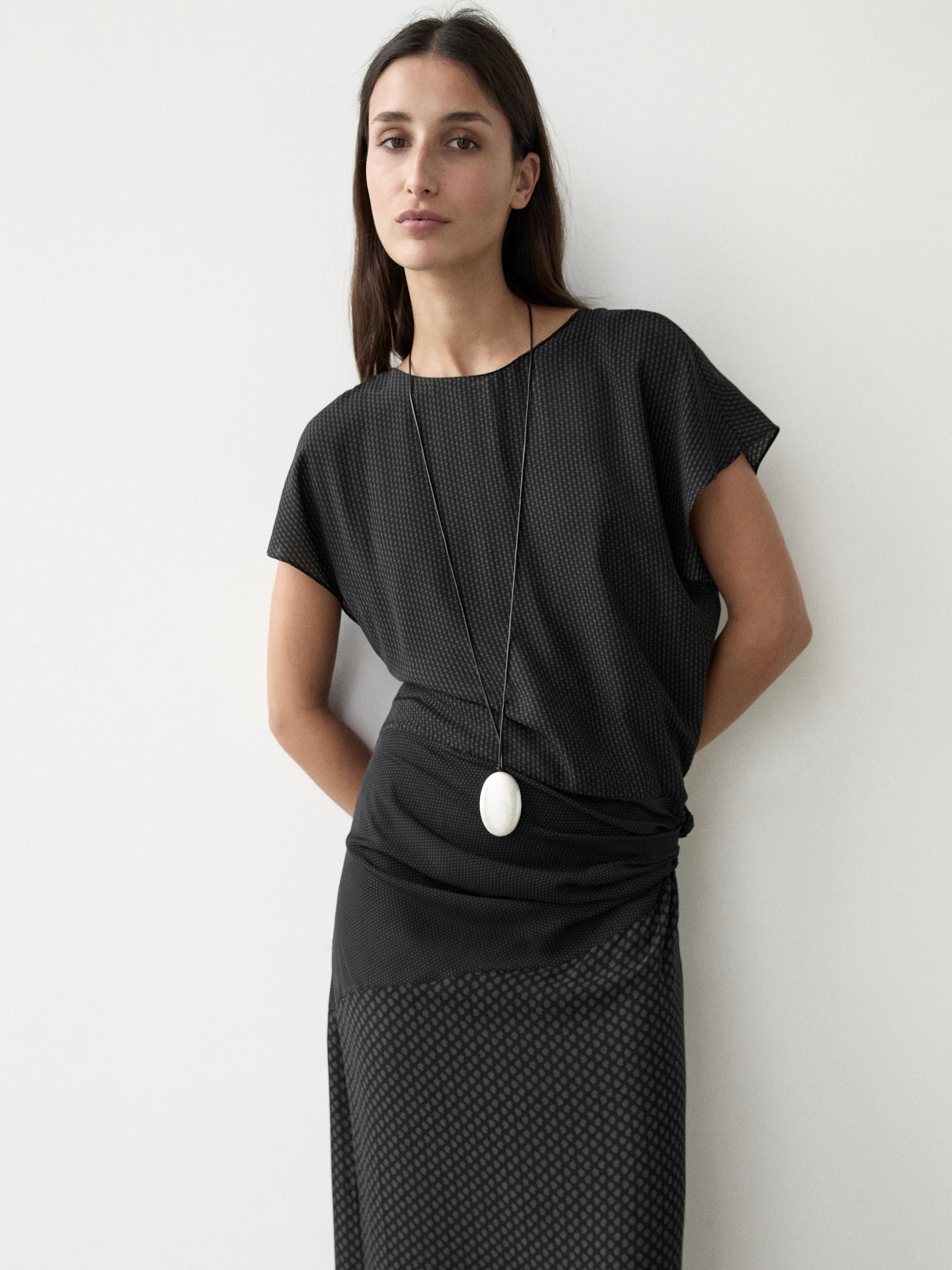 Long flowing printed dress with knot detail — BLACK