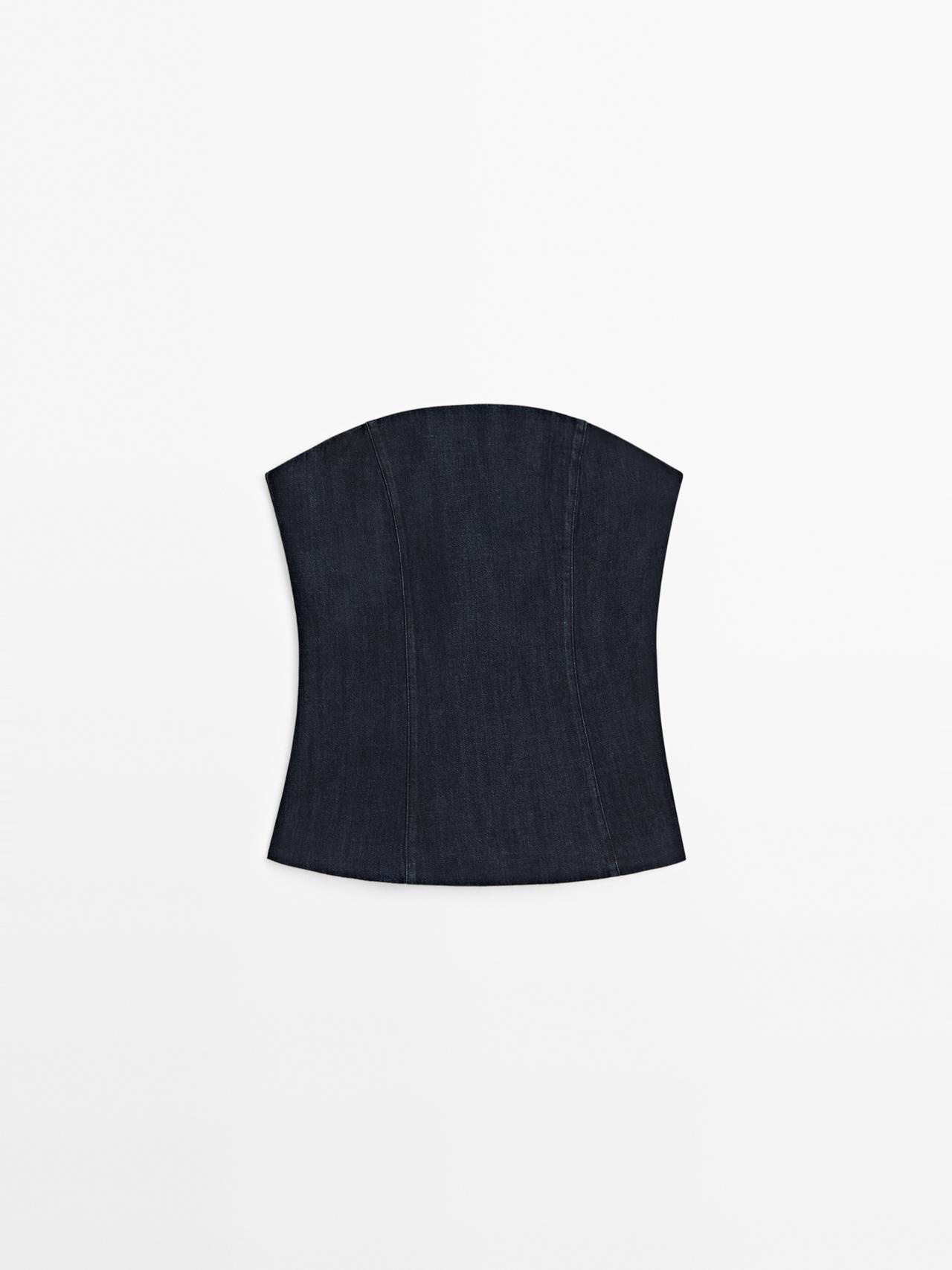 Massimo Dutti - Dame - Denimtop Uden Stropper - Mørkeblå - M