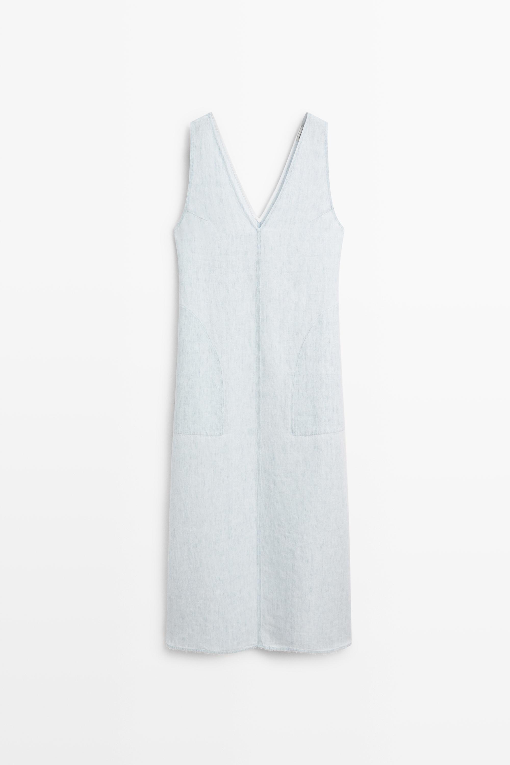 100% Linen Midi Dress - STUDIO — Light Blue