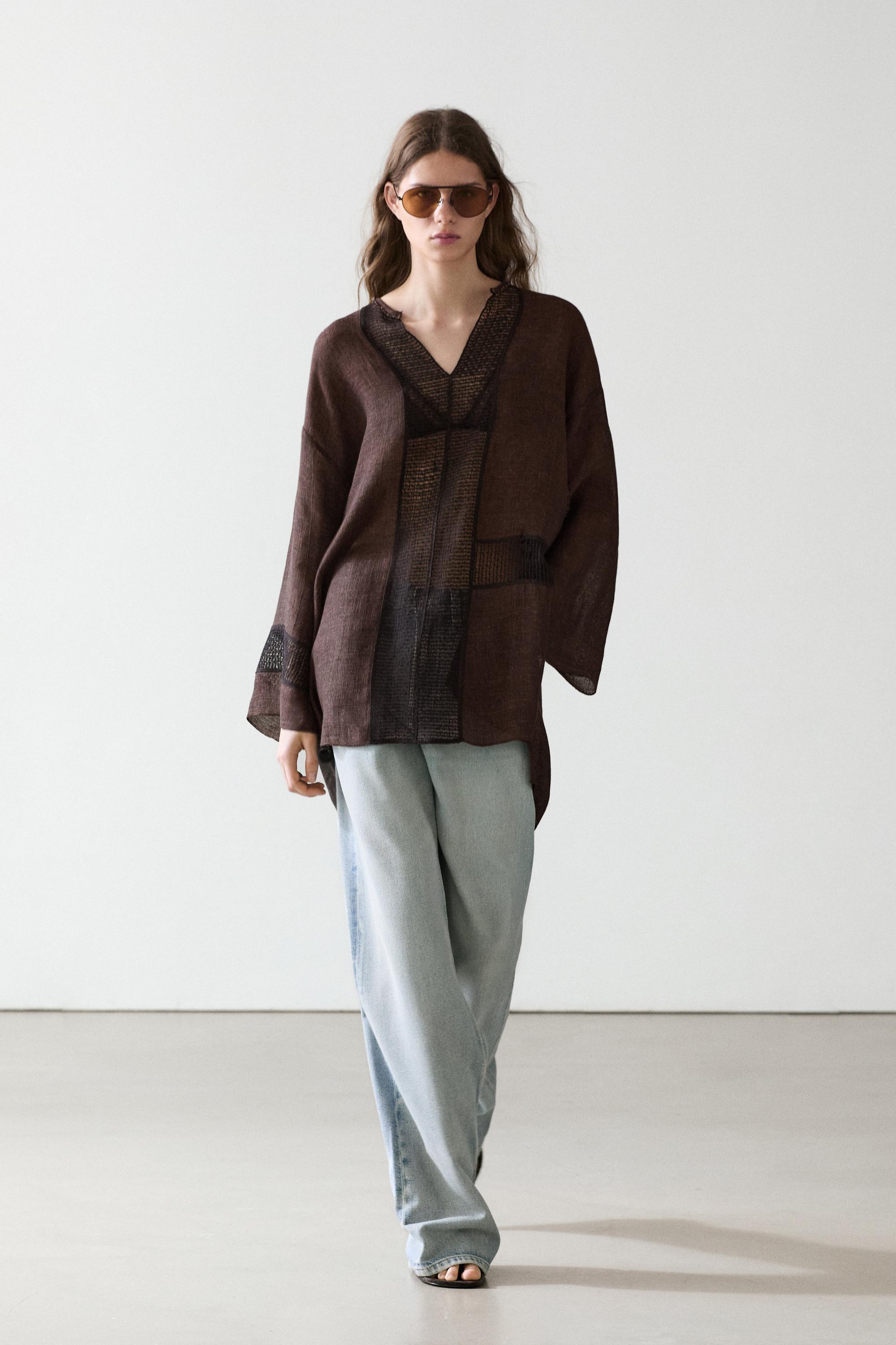 Flowing oversize linen blend blouse with lace trim — BROWN MARL