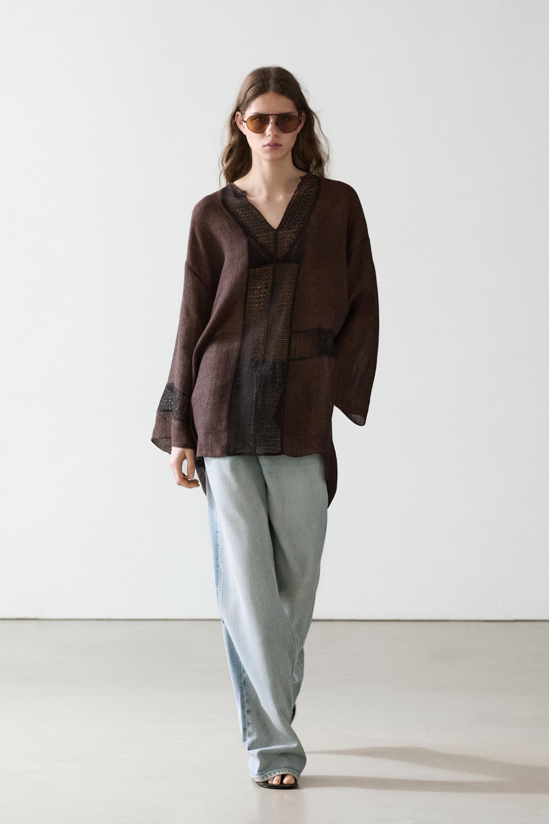 Blusón Fluido Detalle Puntilla Mezcla Lino - Marron Vigore - Xs - Massimo Dutti - Mujer
