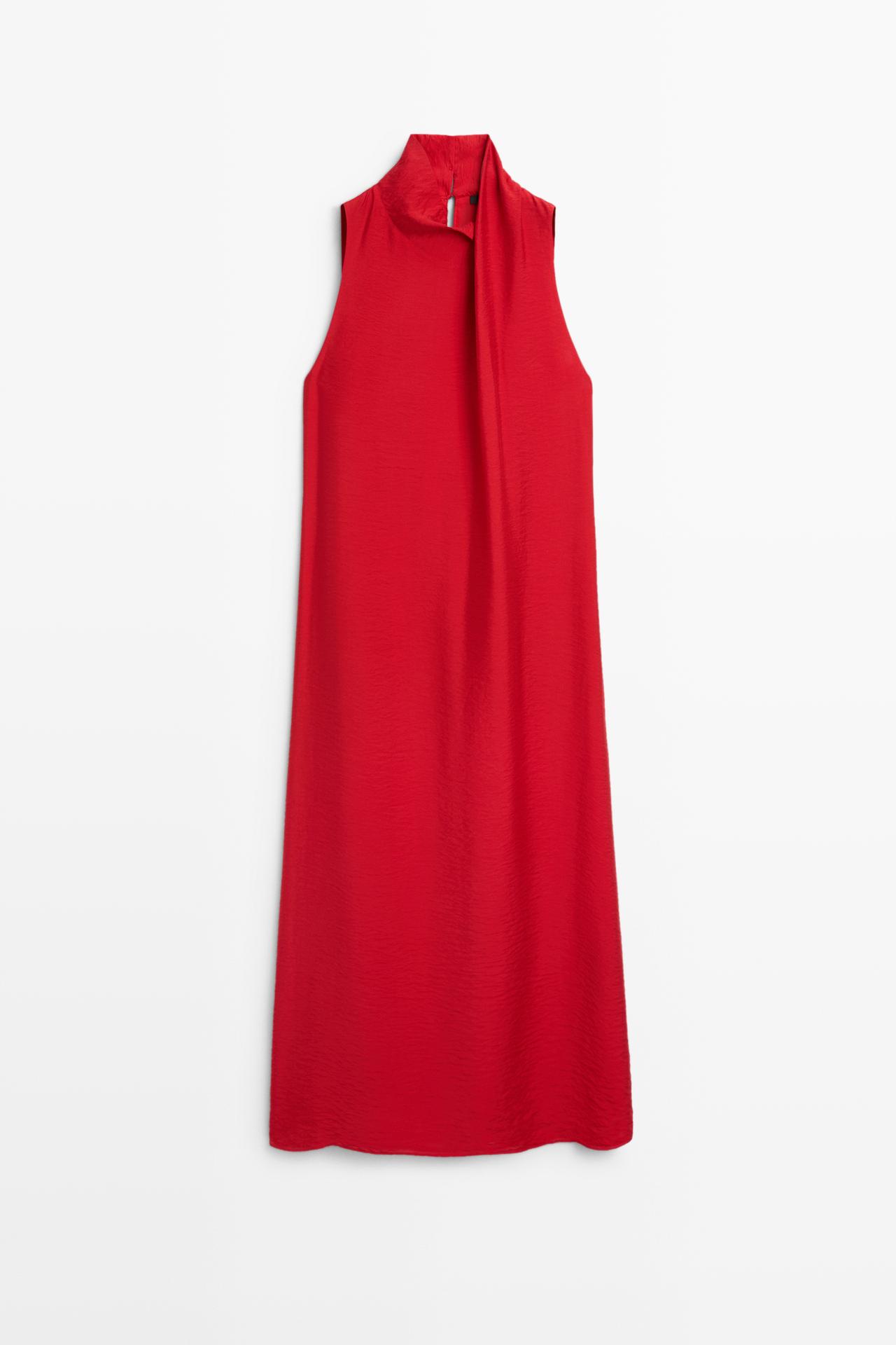 Fluid midi dress with draped neck — RED