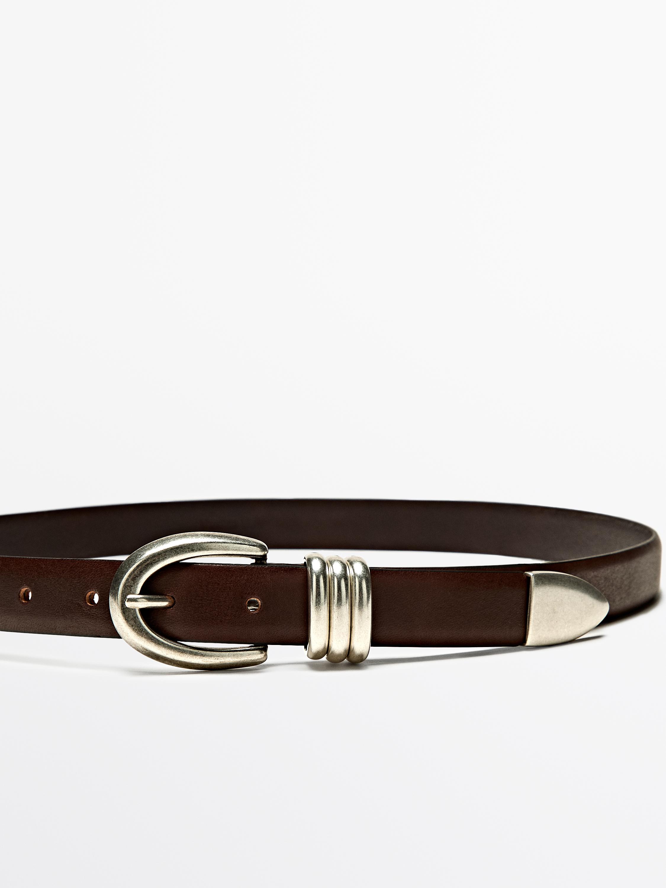 Nappa leather belt with metal detail — BROWN