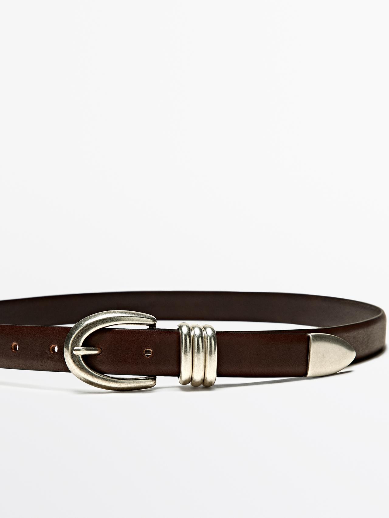 Nappa leather belt with metal detail — BROWN