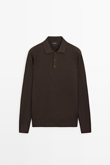 Button-detail polo knit sweater — BROWN MARL 2