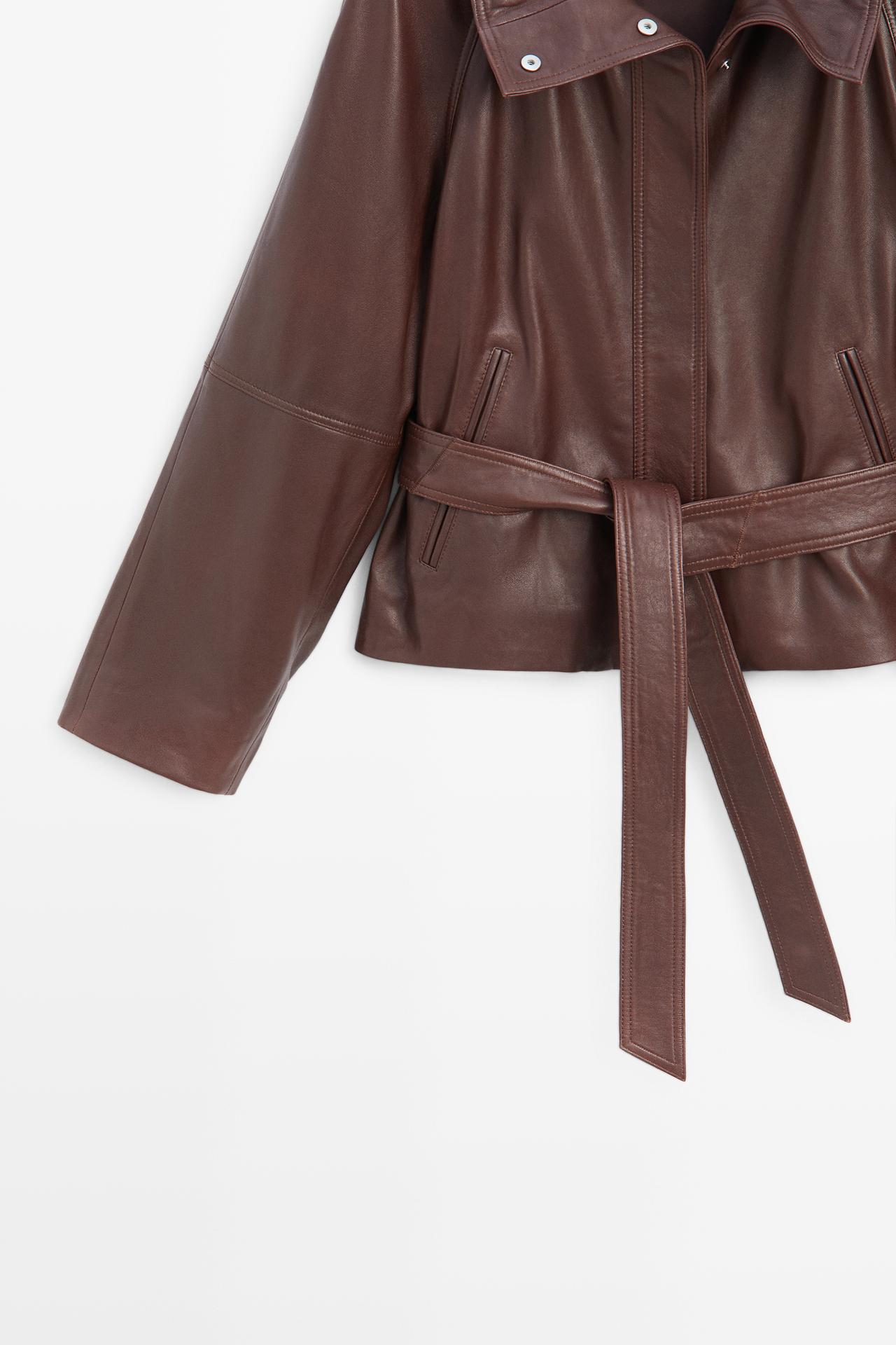 Cropped Nappa leather jacket with belt — BROWN