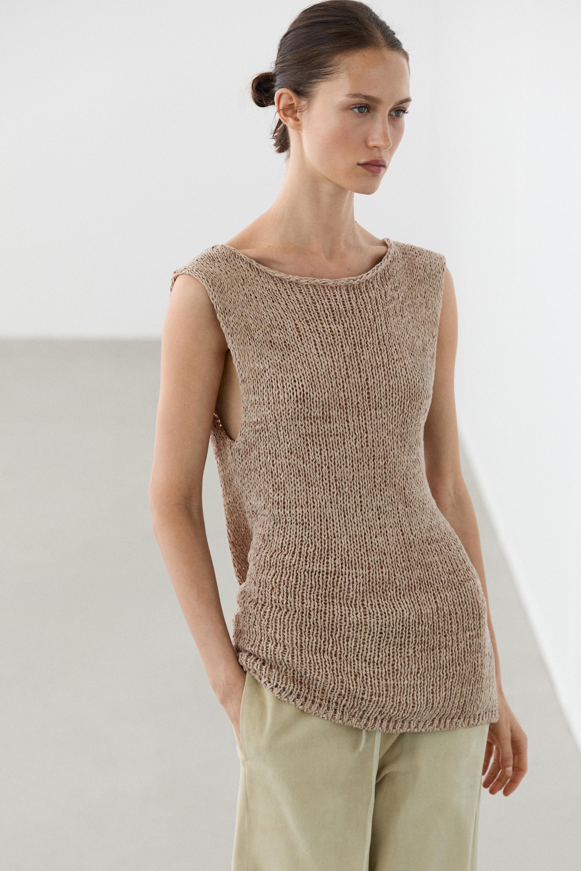 Knit cotton blend top — SAND