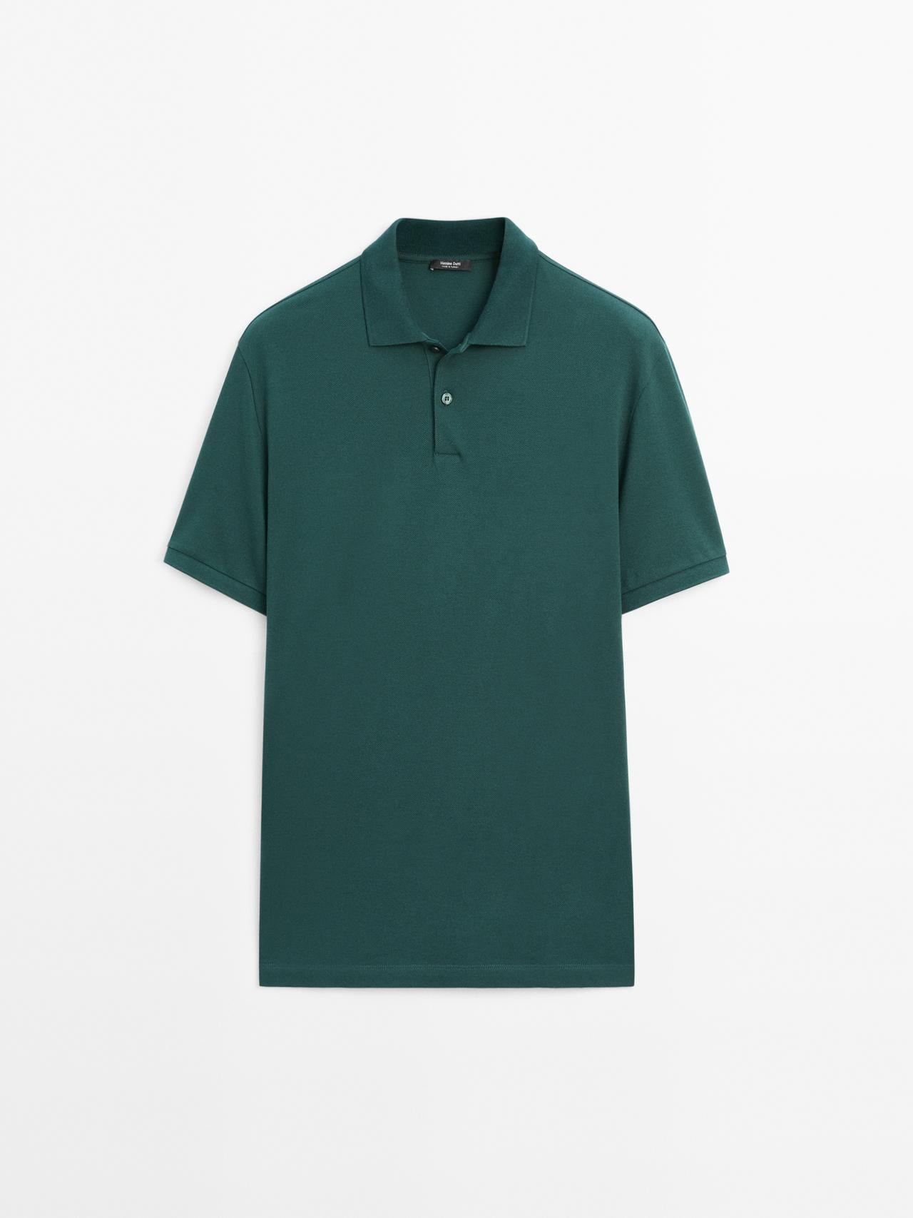 Massimo Dutti - Herre - Poloshirt I Bomuldspiqué Med Mikrostruktur - Petroleumsblå - Xl
