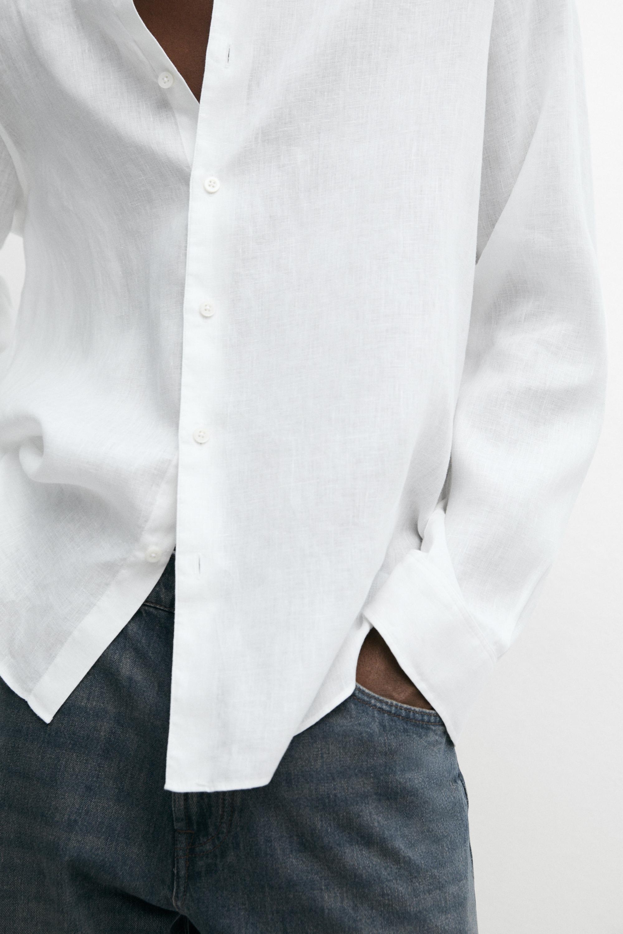 100% linen regular fit stand collar shirt — WHITE