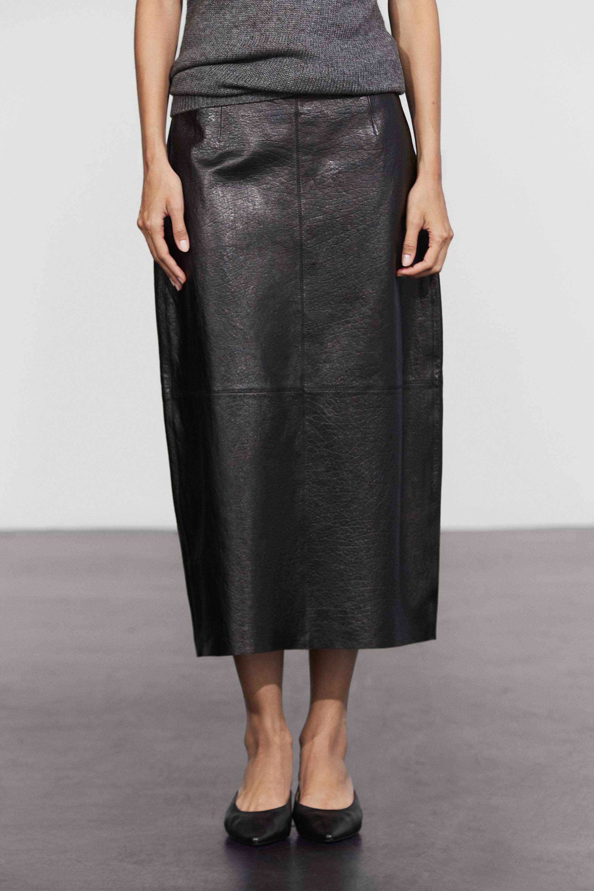 Nappa leather midi balloon skirt with seam details · Black · Skirt ...