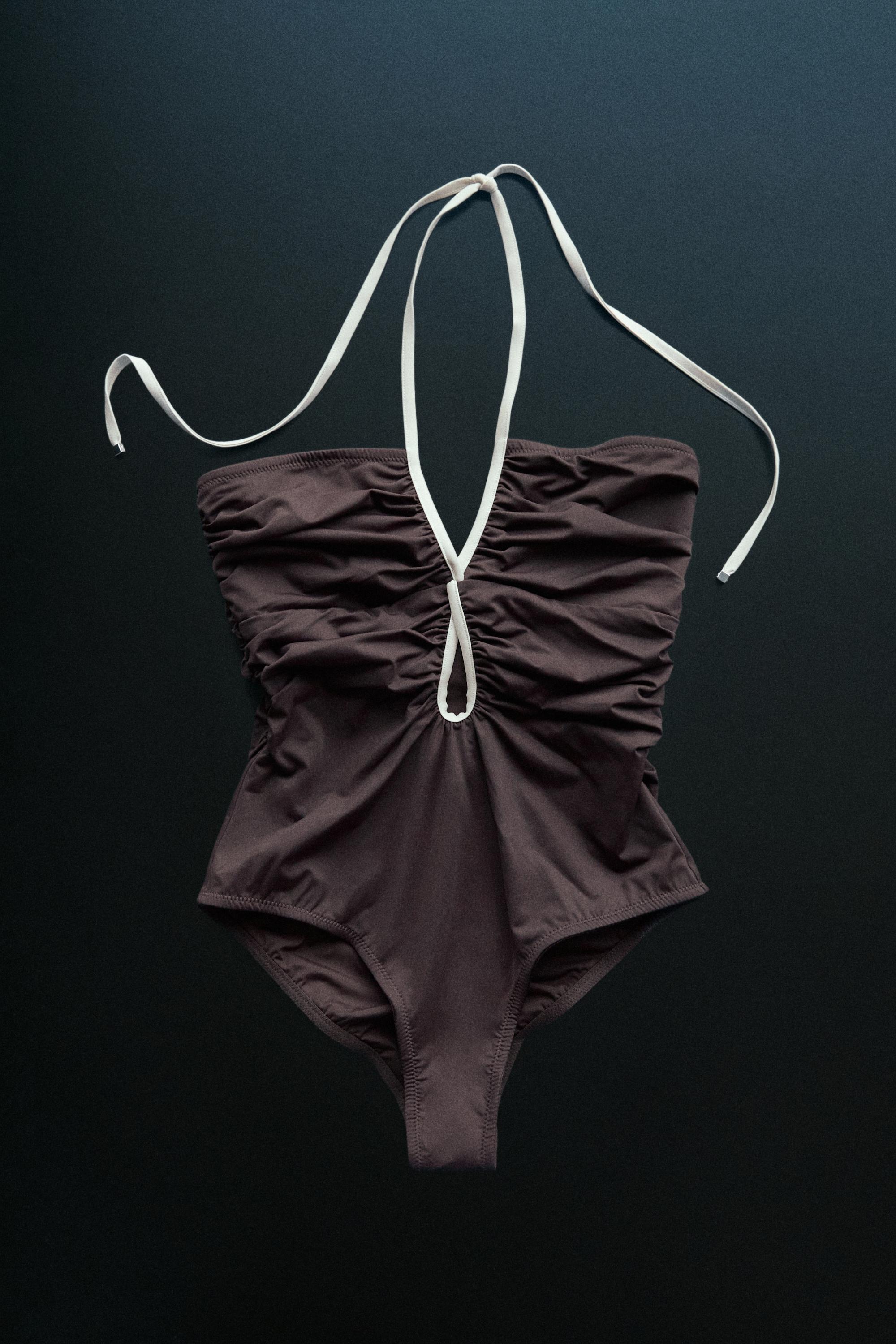 Swimsuit with contrast gathered detail — BROWN
