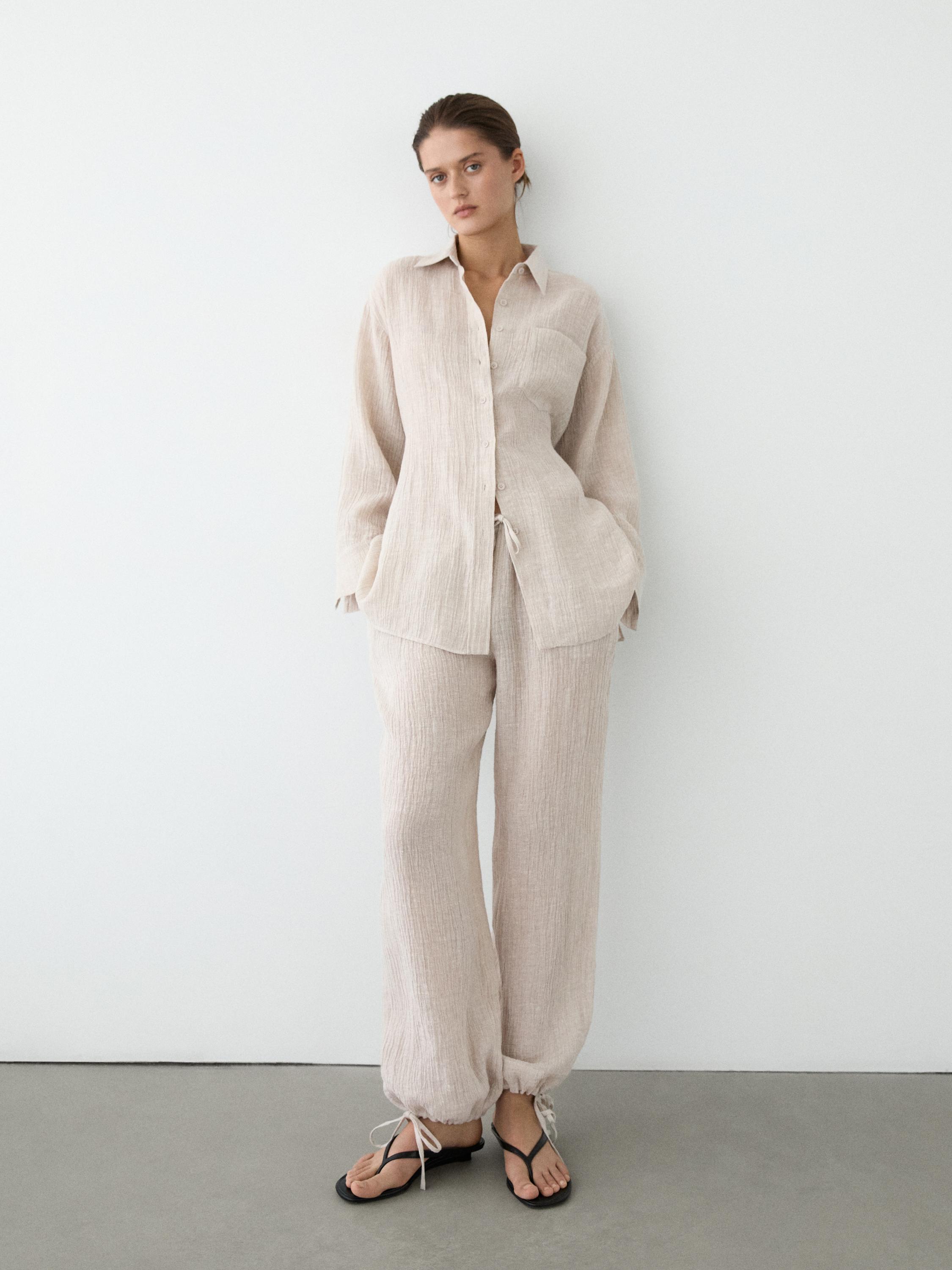 100% linen waffle-knit sarouel trousers — SAND