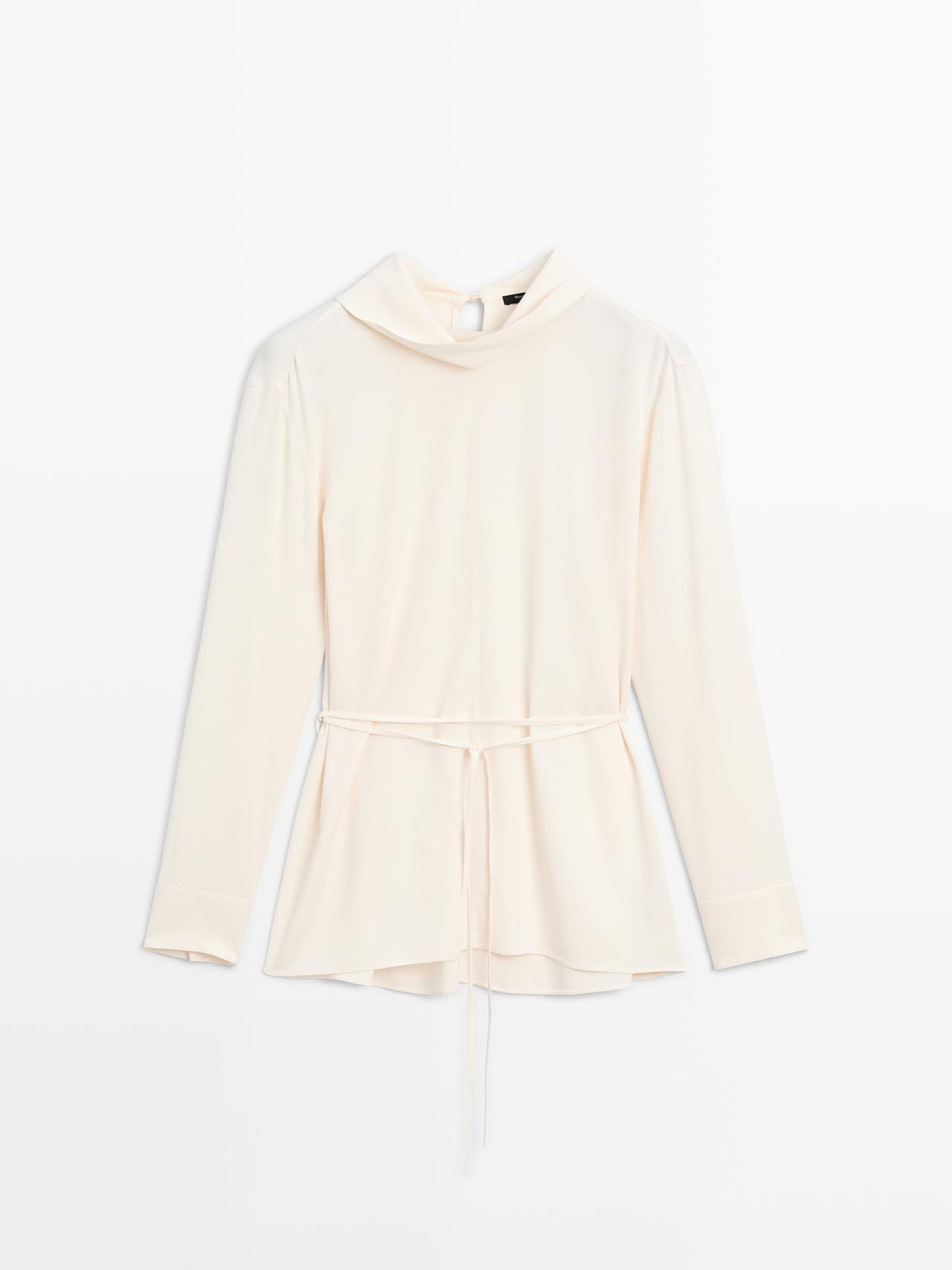 Massimo Dutti - Dame - Langærmet Bluse Med Snøre - Råhvid - Xs