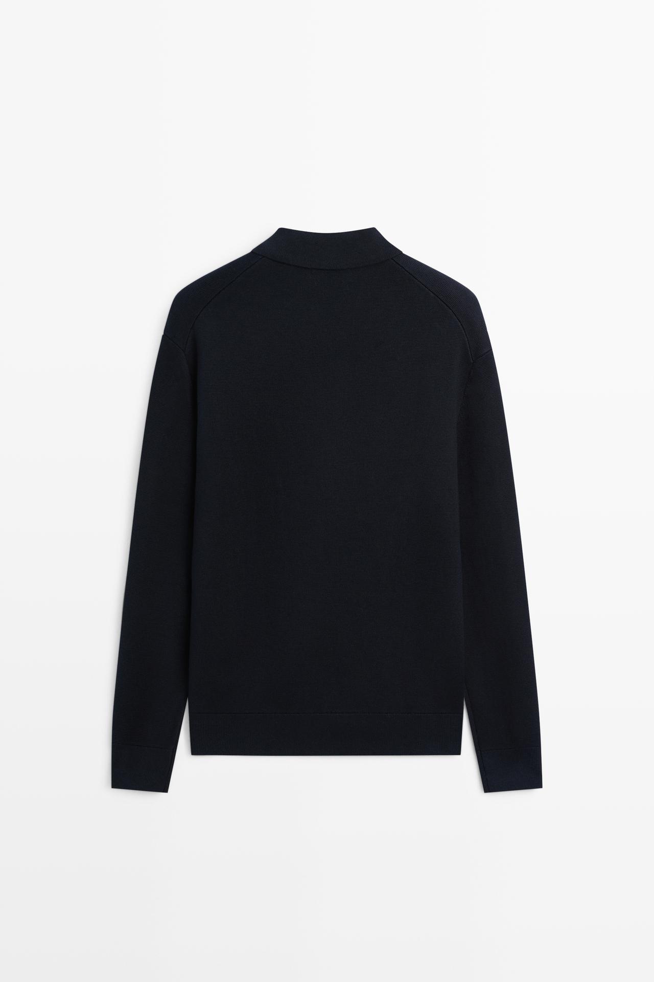 100% cotton knit polo collar cardigan — NAVY BLUE