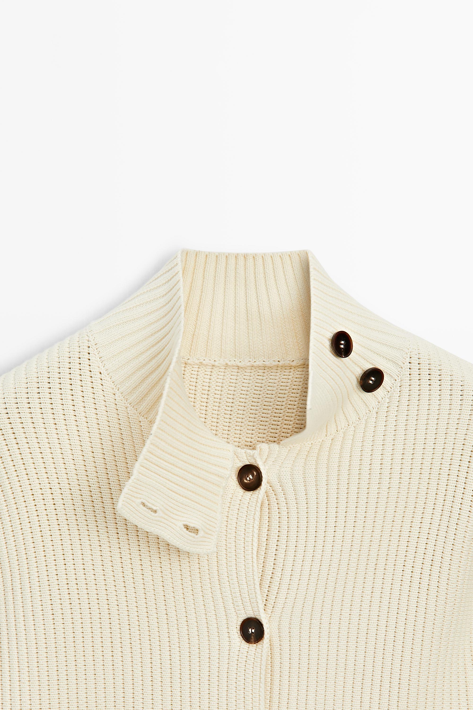 100% cotton turtleneck knit cardigan — CREAM