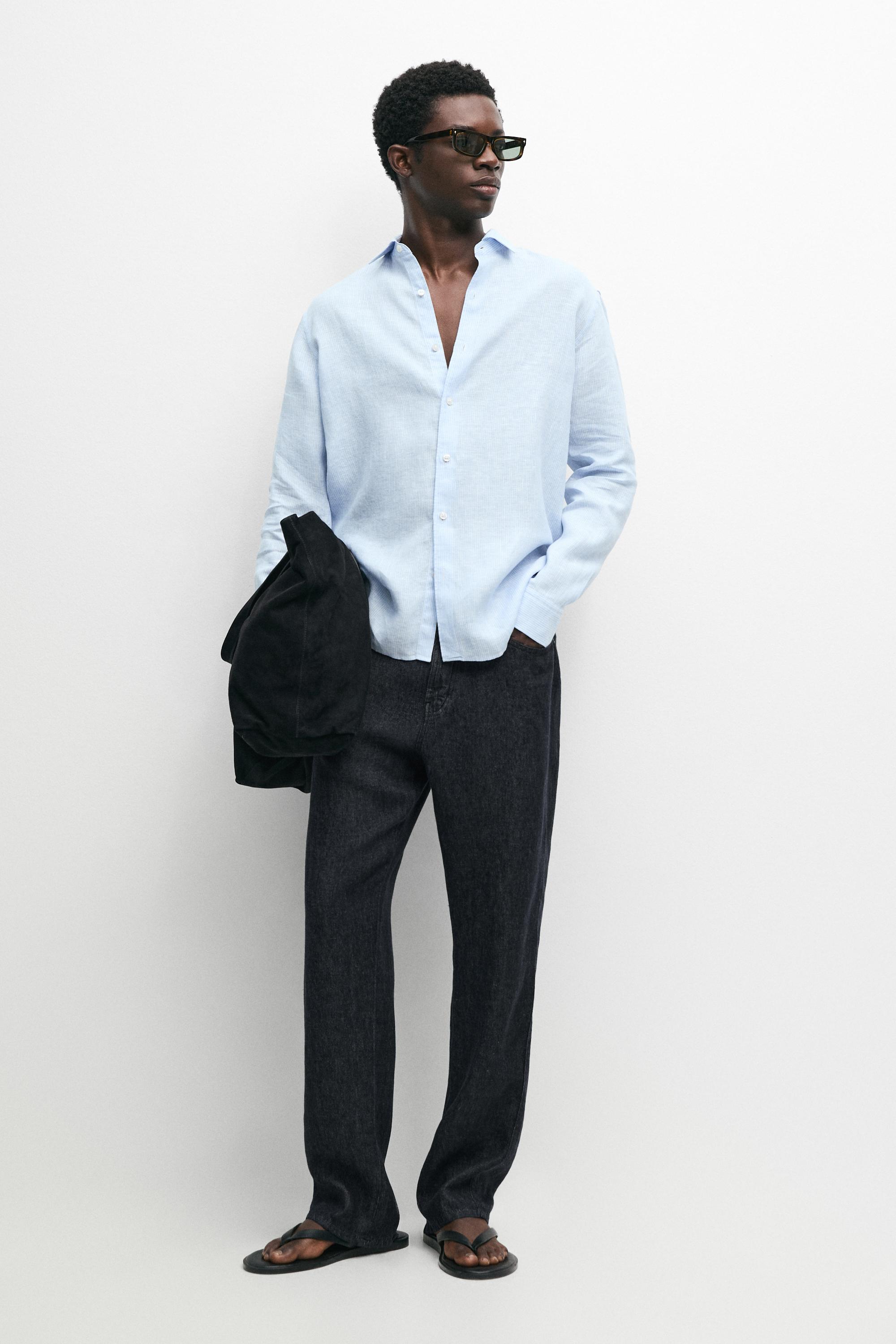 Camicia regular fit a righe in lino mélange