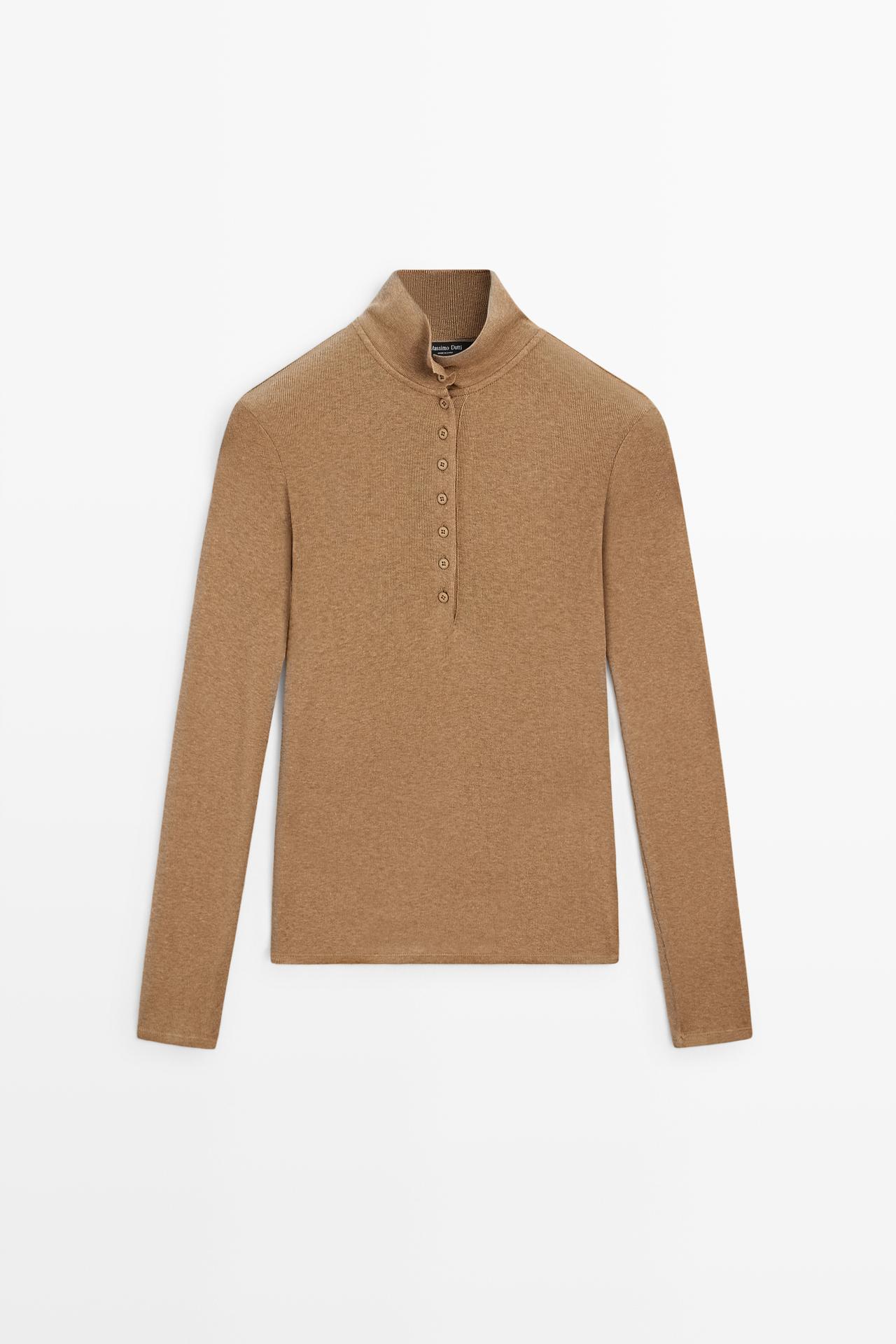 Long sleeve mock neck T-shirt — DARK CAMEL