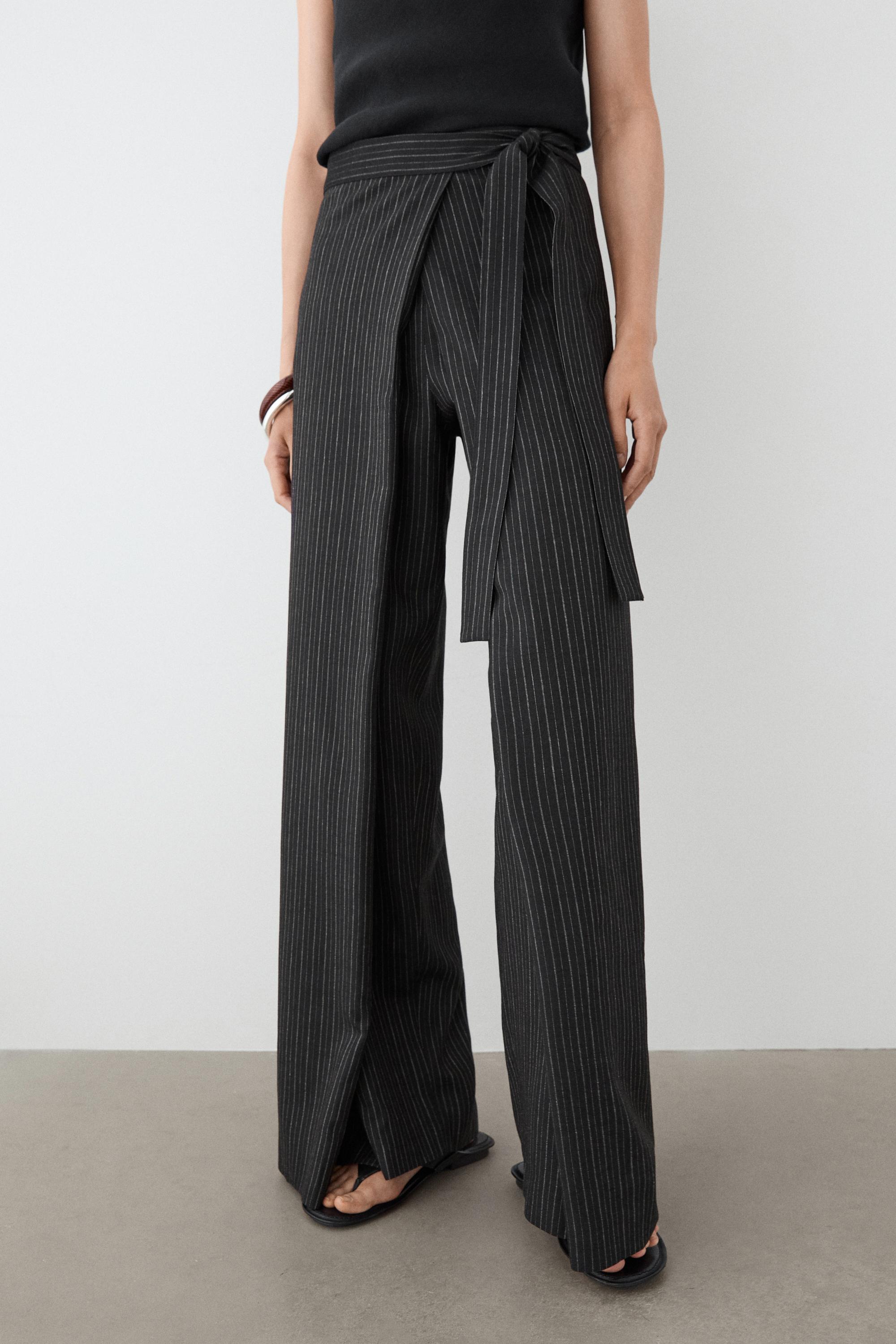 Striped trousers with wrap-style bow detail — BLACK