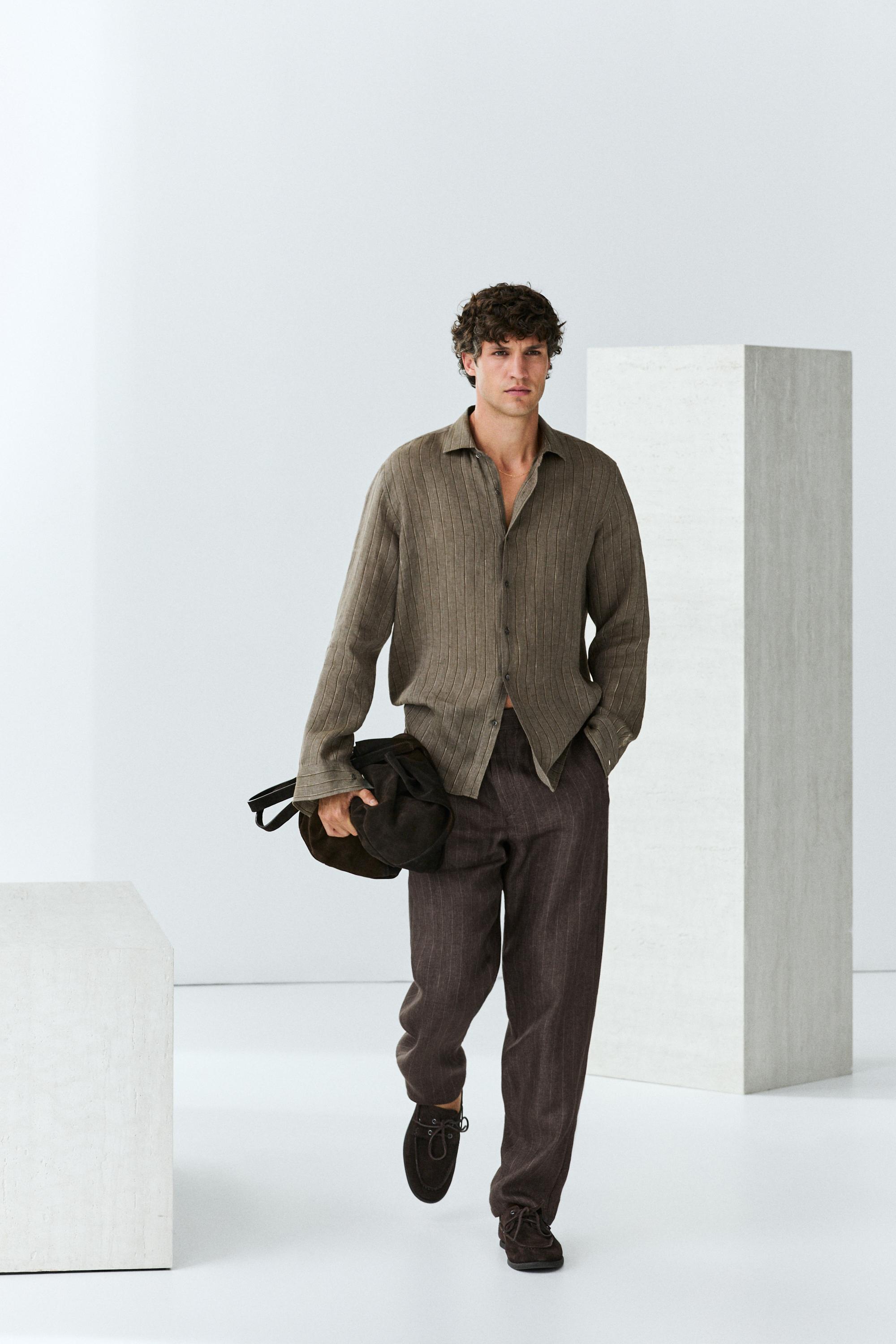 100% linen regular fit striped shirt — DARK GREEN