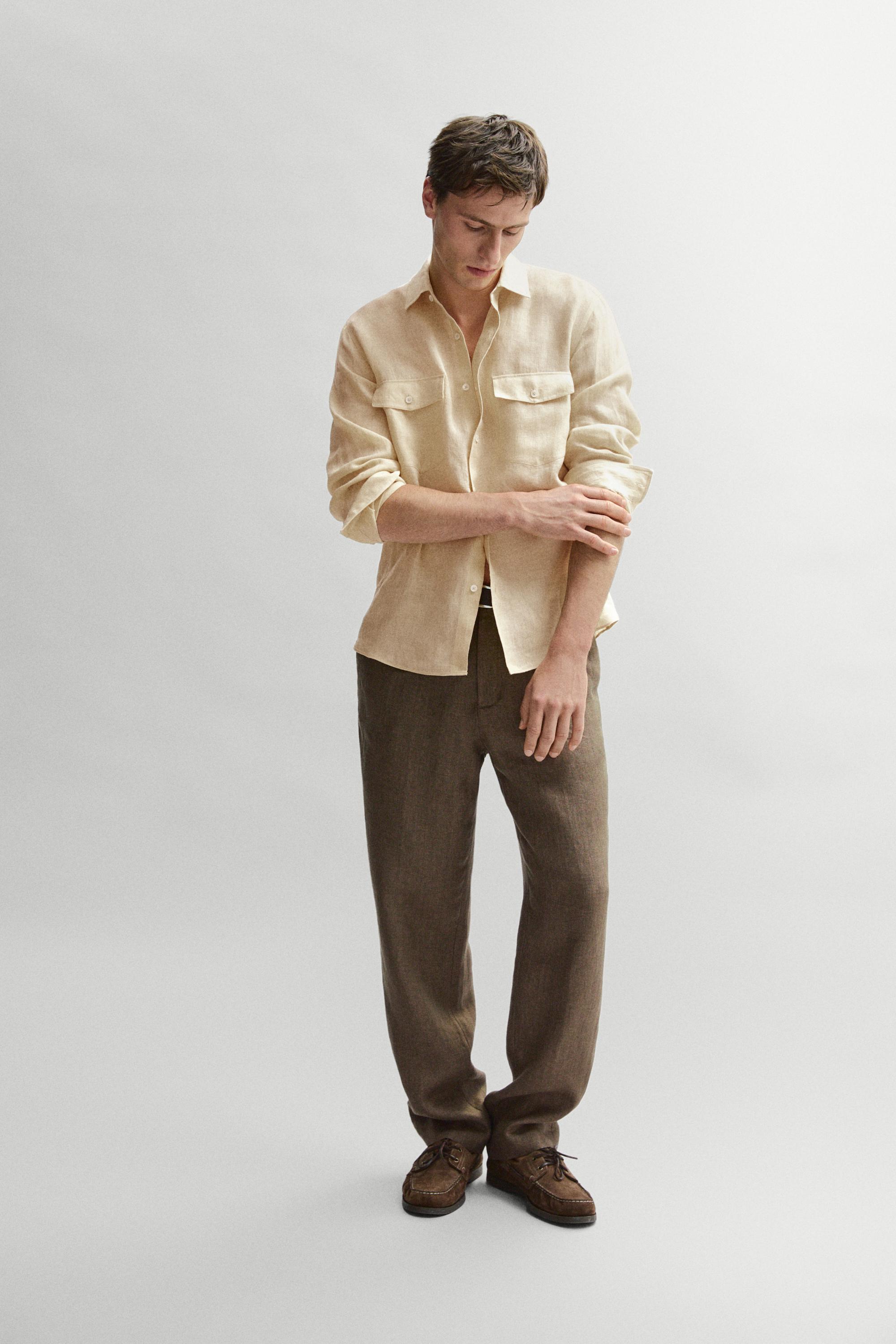 Regular fit 100% linen shirt with pockets — YELLOW