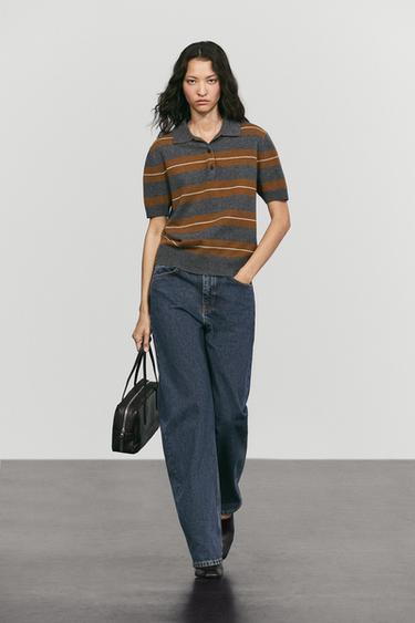 100% wool striped knit polo — MEDIUM GREY 1