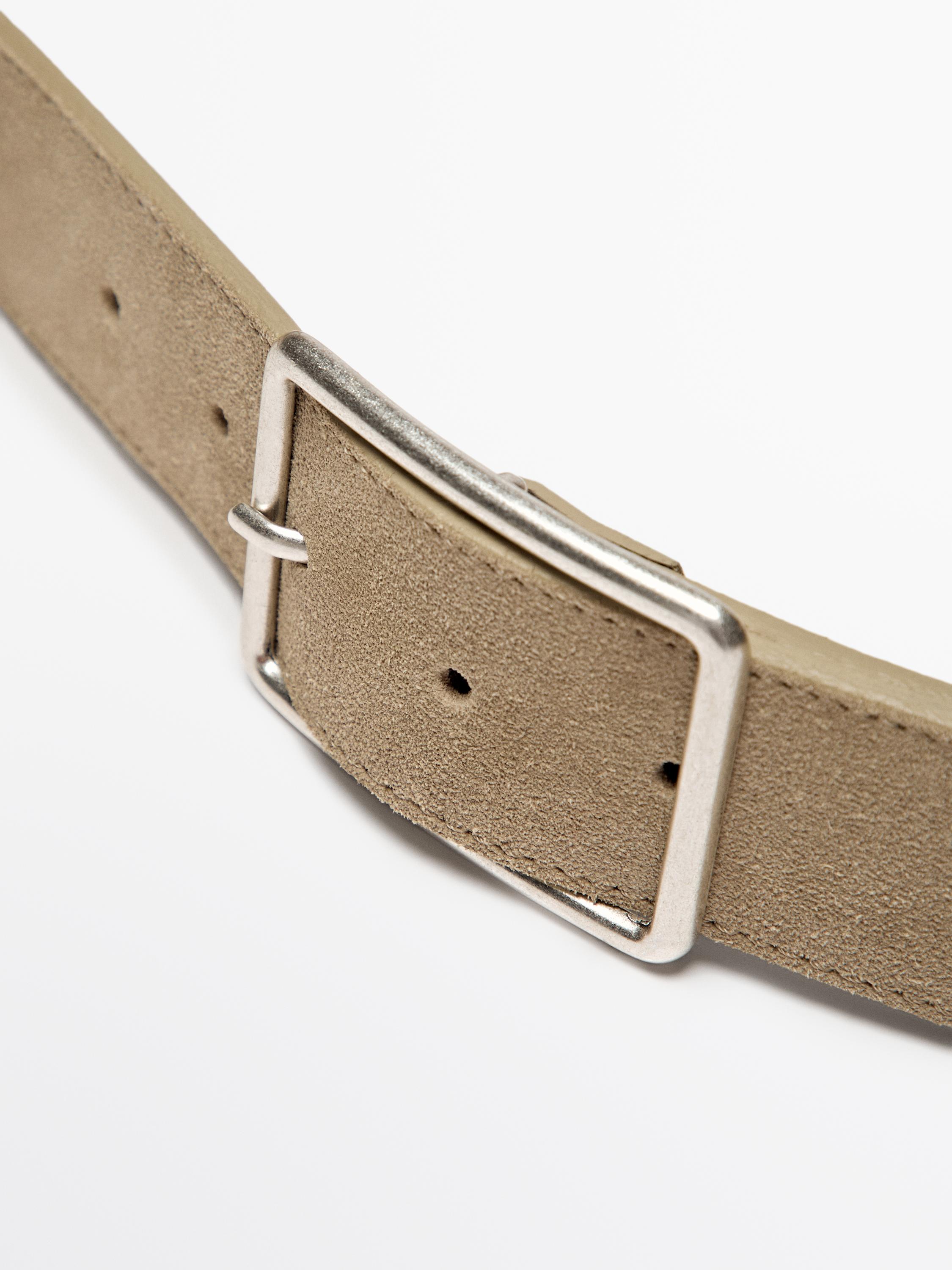 Split suede belt with rectangular buckle