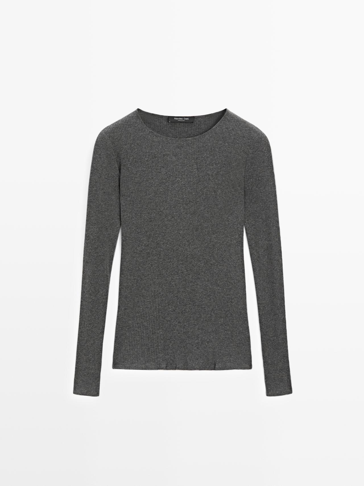 Massimo Dutti - Dame - Langærmet T-Shirt Med Ribdetalje - Grå - L