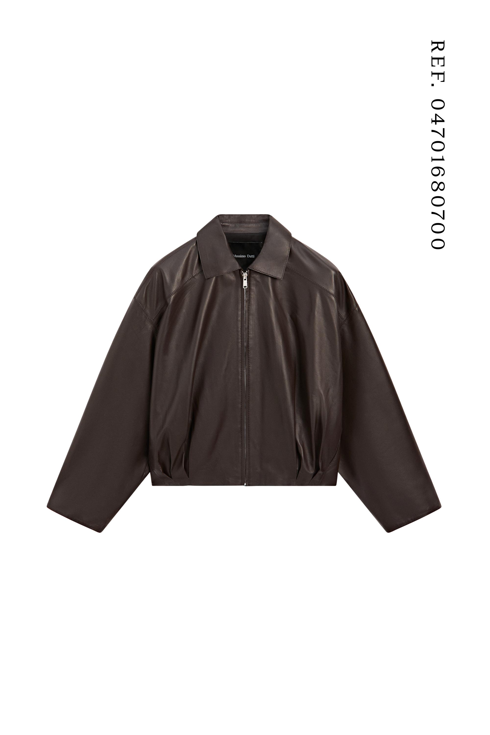 Nappa leather bomber jacket with pleat detail — BROWN