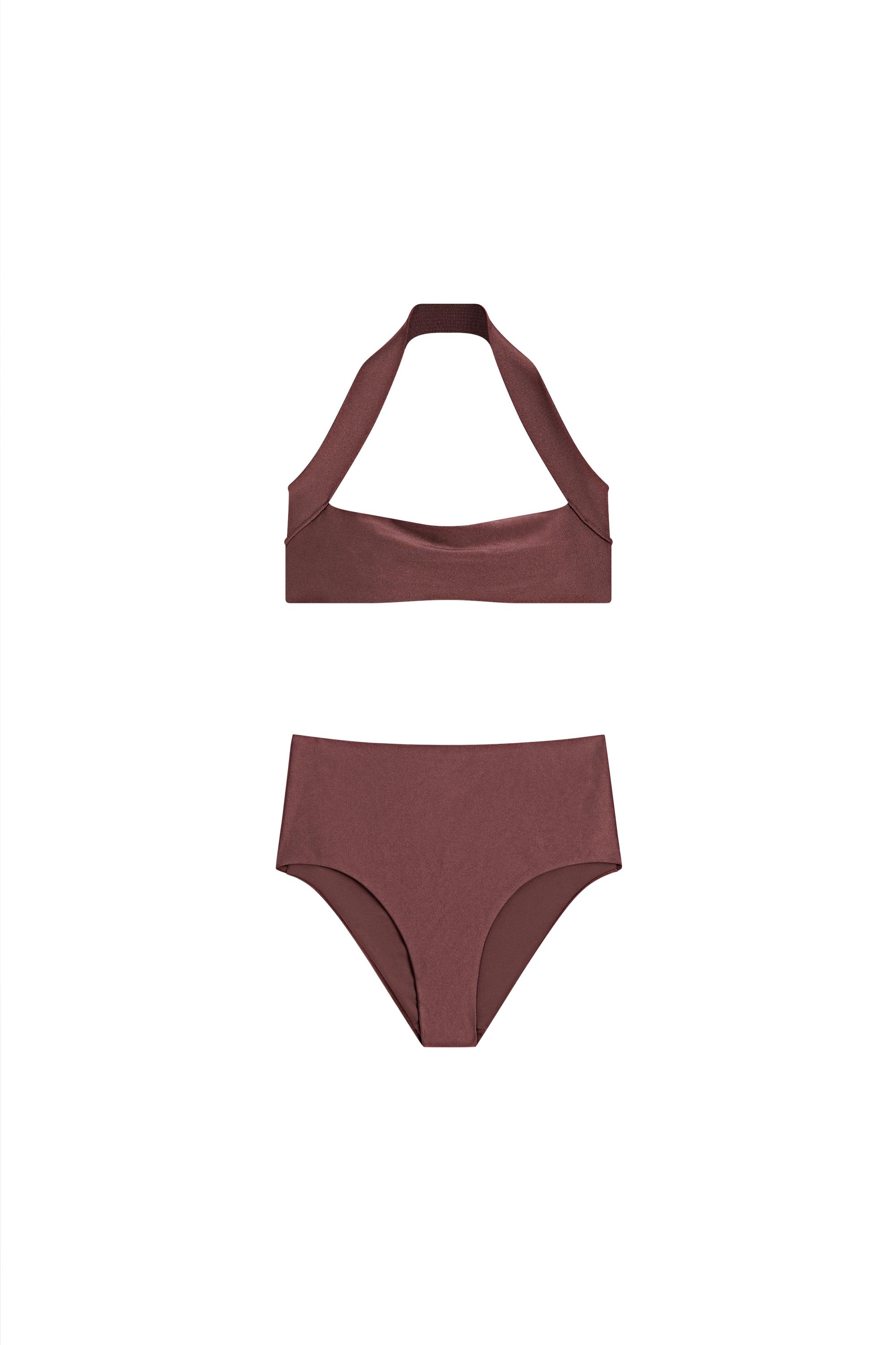 Shimmery high-waist bikini bottoms — BROWN