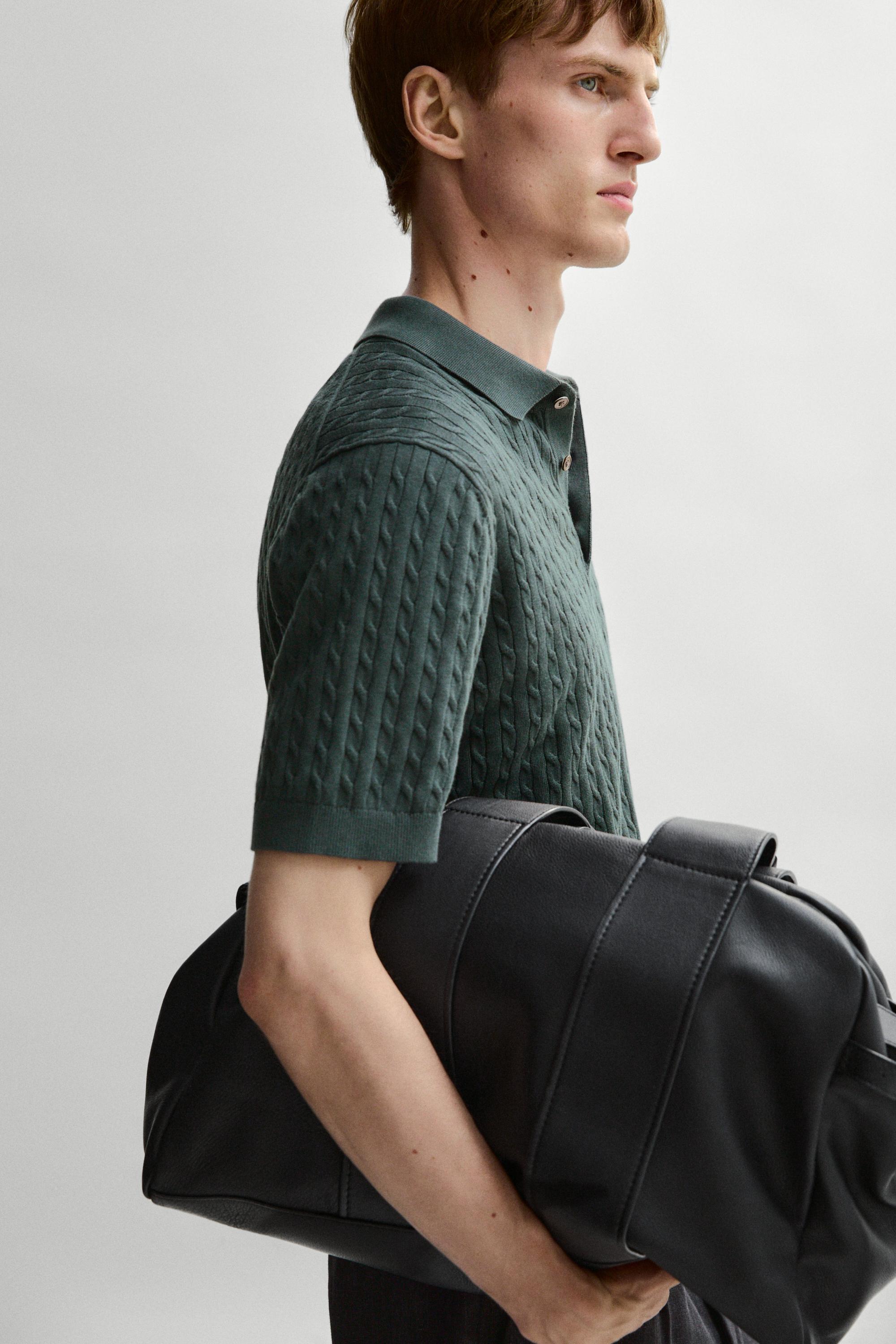 100% cotton cable-knit polo shirt — DARK BOTTLE GREEN