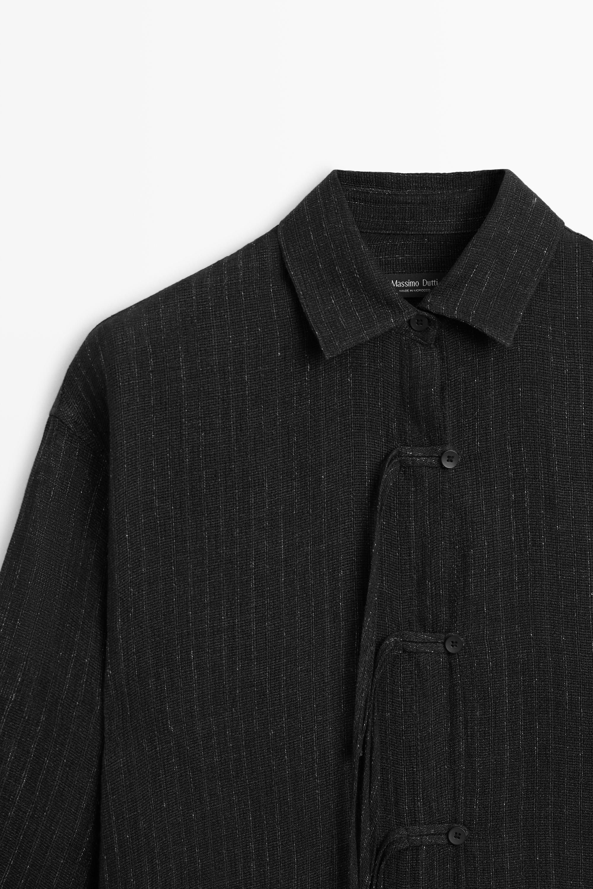 Striped linen blend oversize blouse with button detail — BLACK