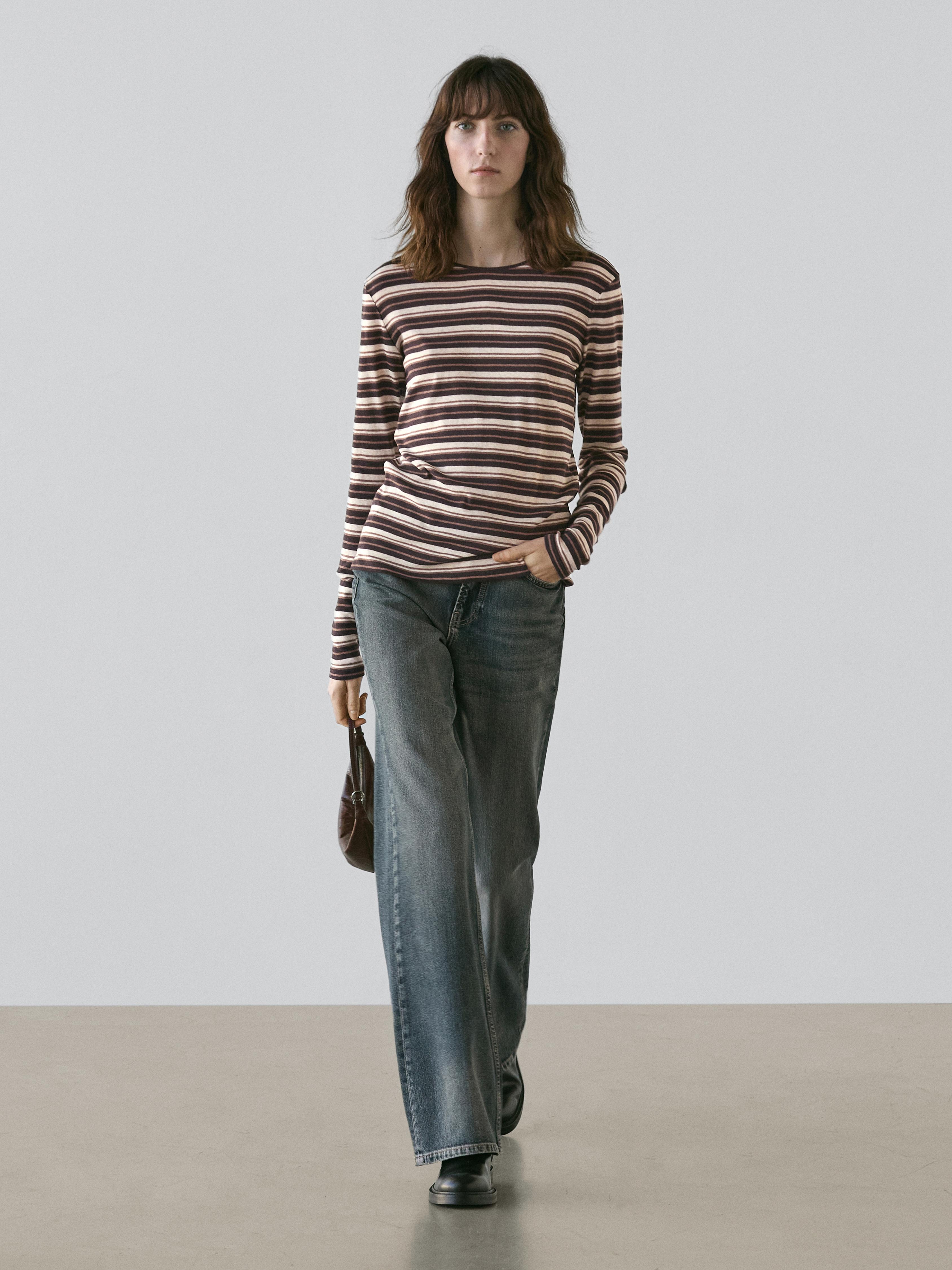 Long-sleeved striped cotton blend T-shirt