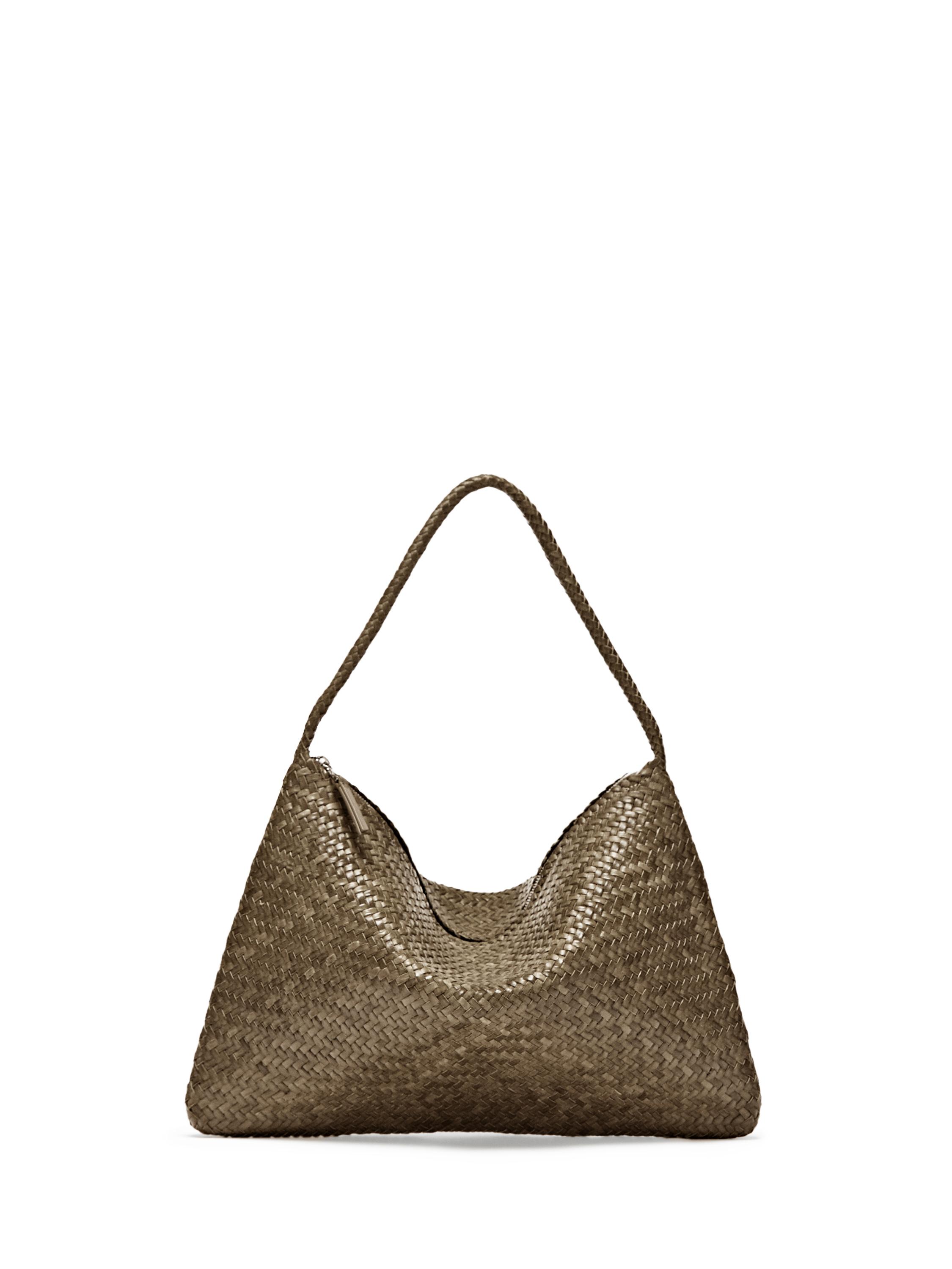 Mid-sized braided leather shoulder bag — KHAKI