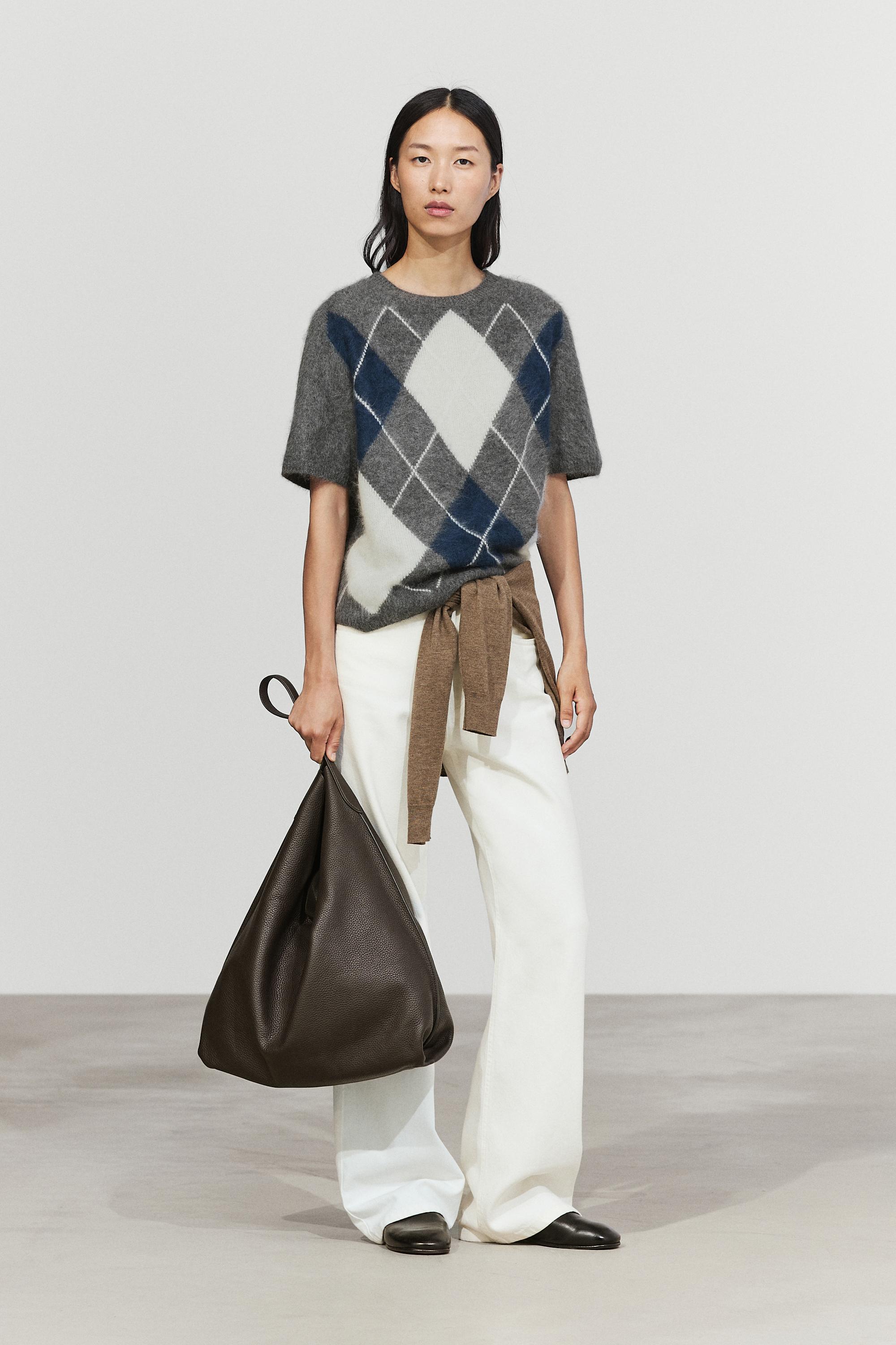 Wool cashmere argyle short sleeve knit sweater - GREY