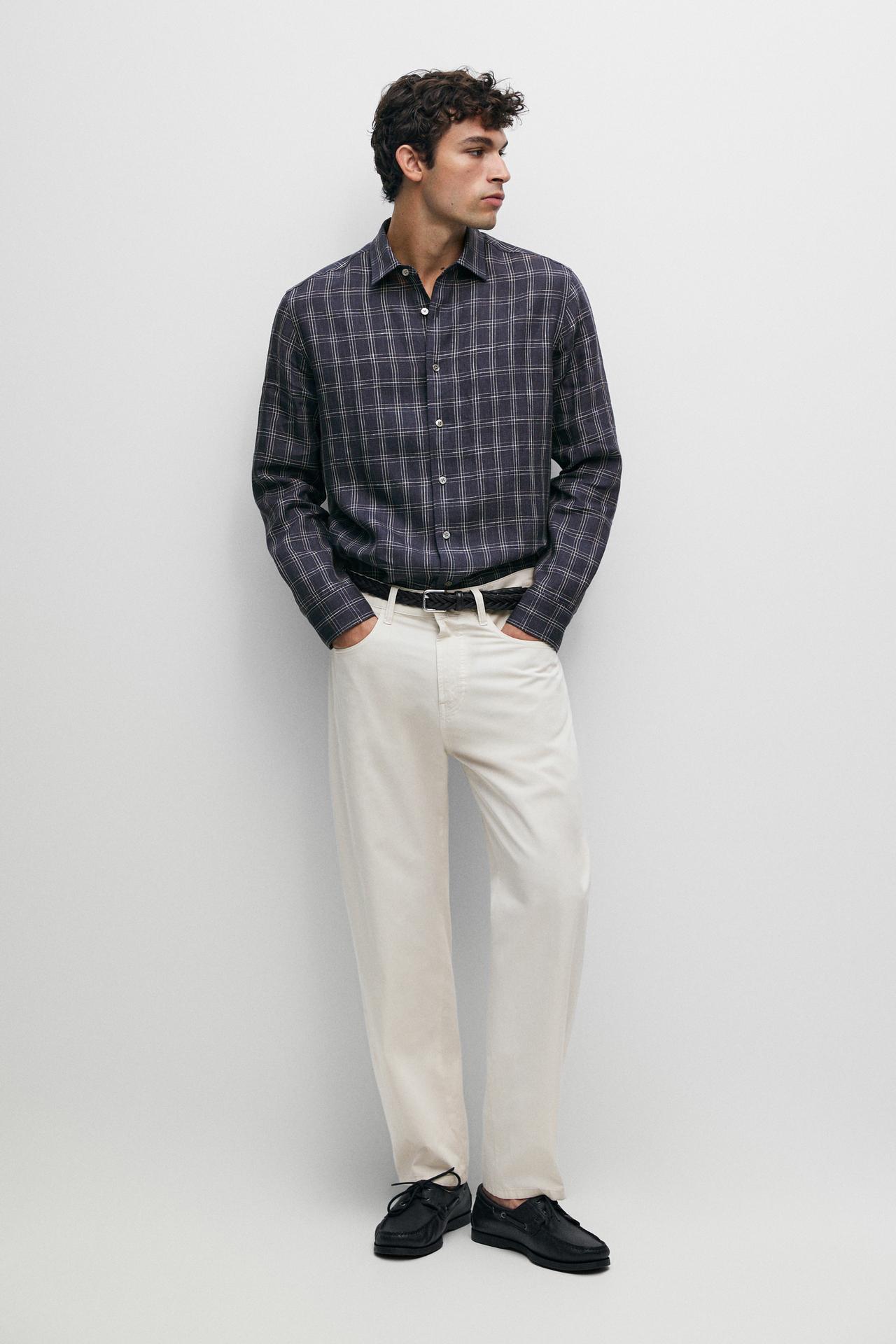 100% linen relaxed fit check shirt — BLUE
