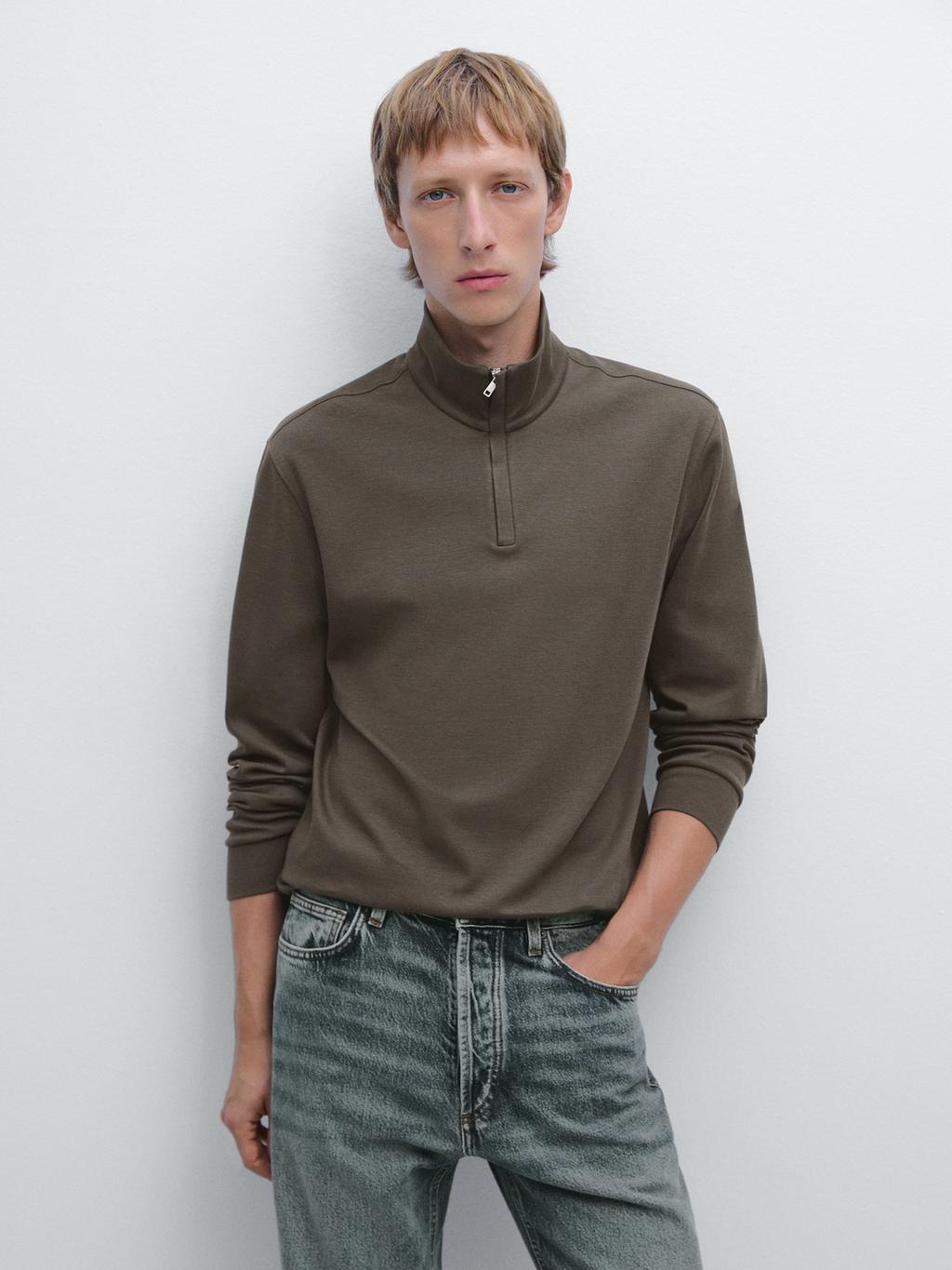 Mock neck polo shirt with zip · Dark Green, Navy Blue | Massimo Dutti