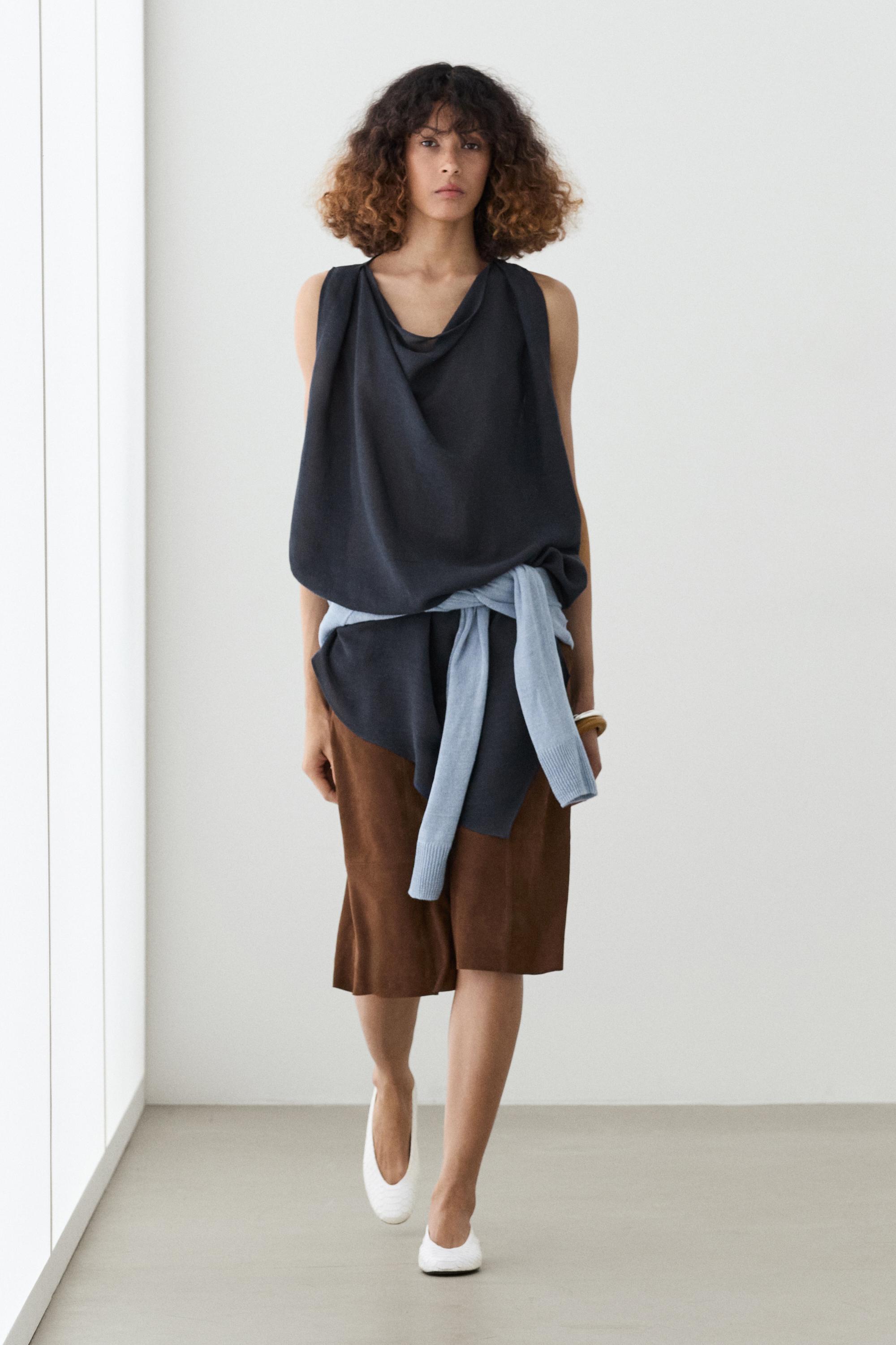 Asymmetric linen blend top — DARK BLUE