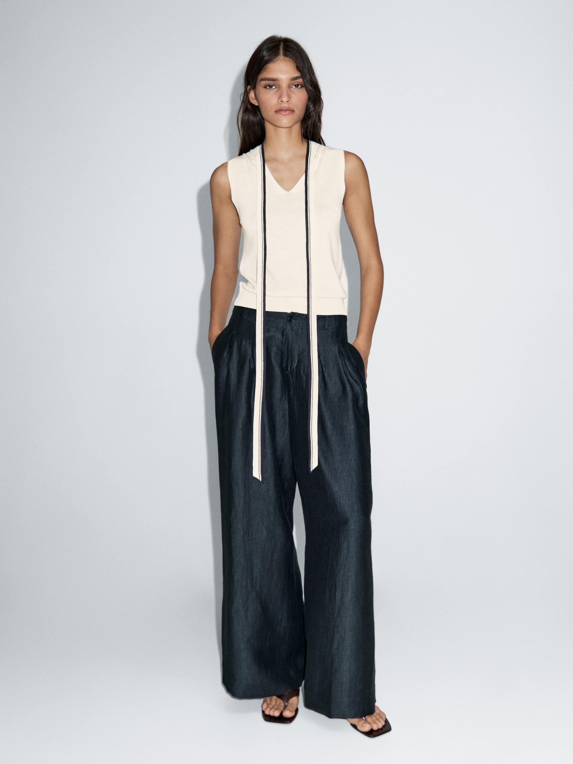 Massimo Dutti Knit Vest With Tie Detail In White