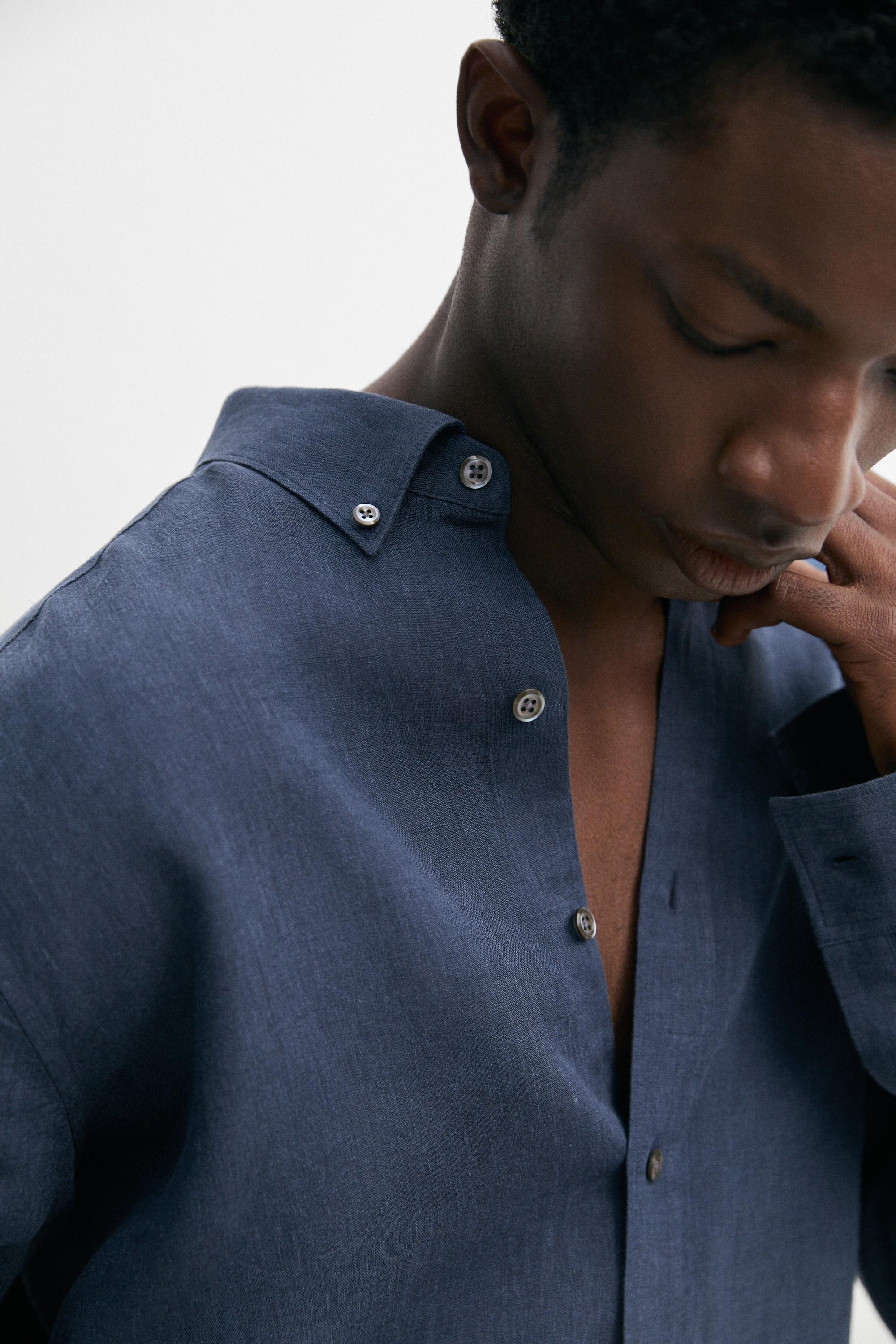 100% linen regular fit shirt — PETROL BLUE