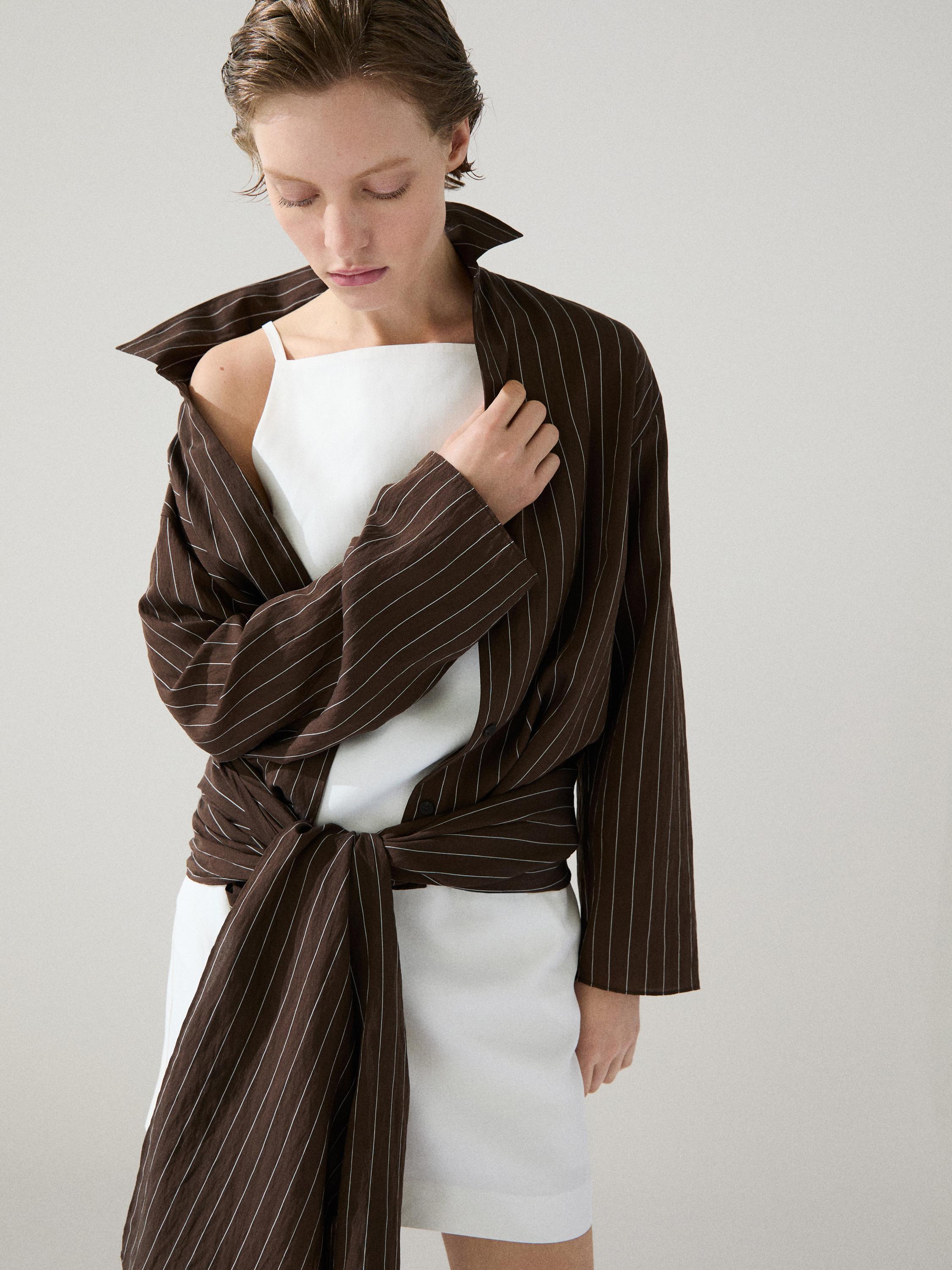 Striped shirt with scarf detail — BROWN