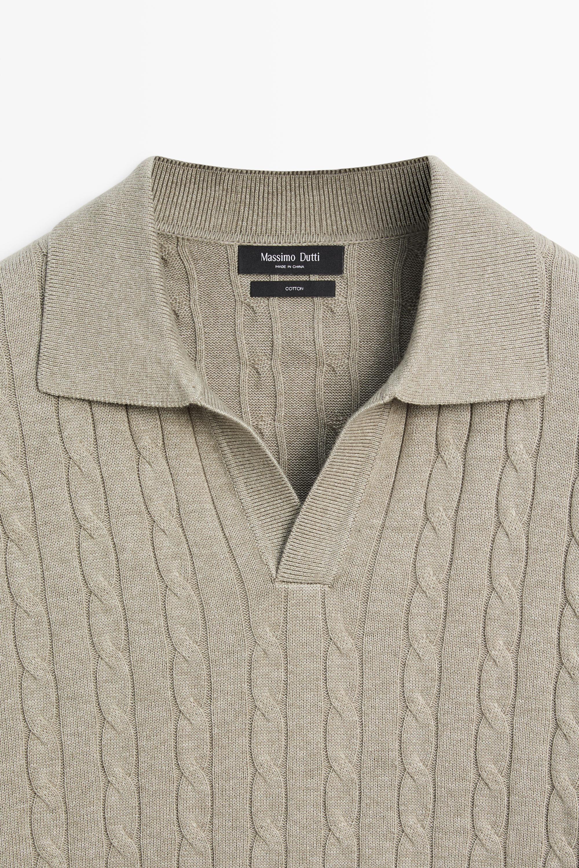 100% Cotton Cable-Knit Polo Sweater — Greyish green