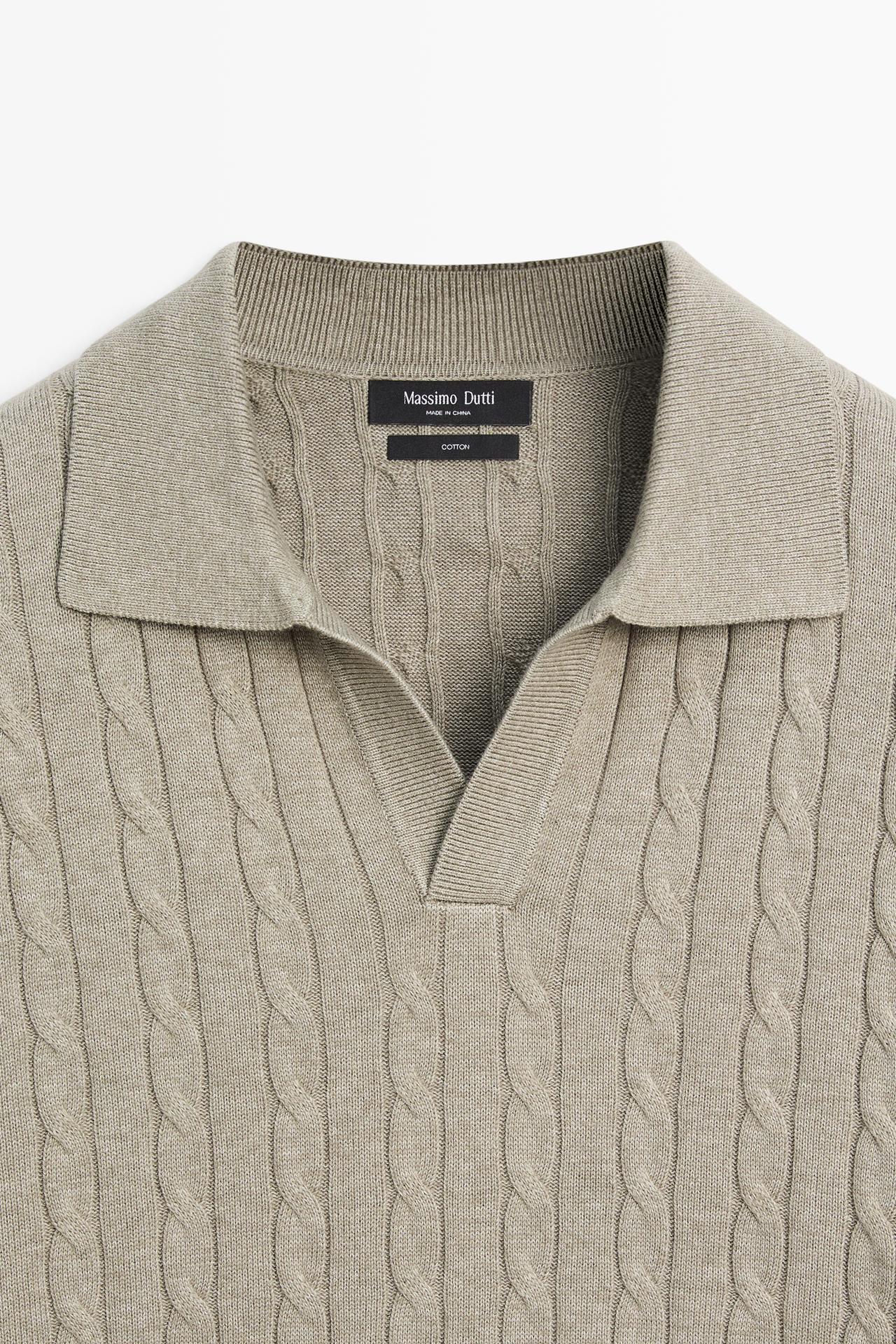 100% Cotton Cable-Knit Polo Sweater — Greyish green