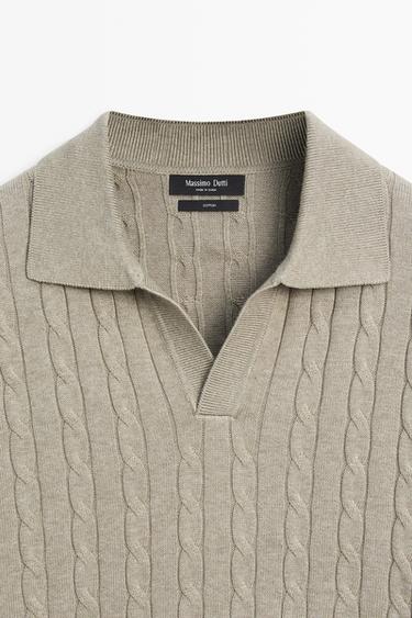 100% Cotton Cable-Knit Polo Sweater — Greyish green 9