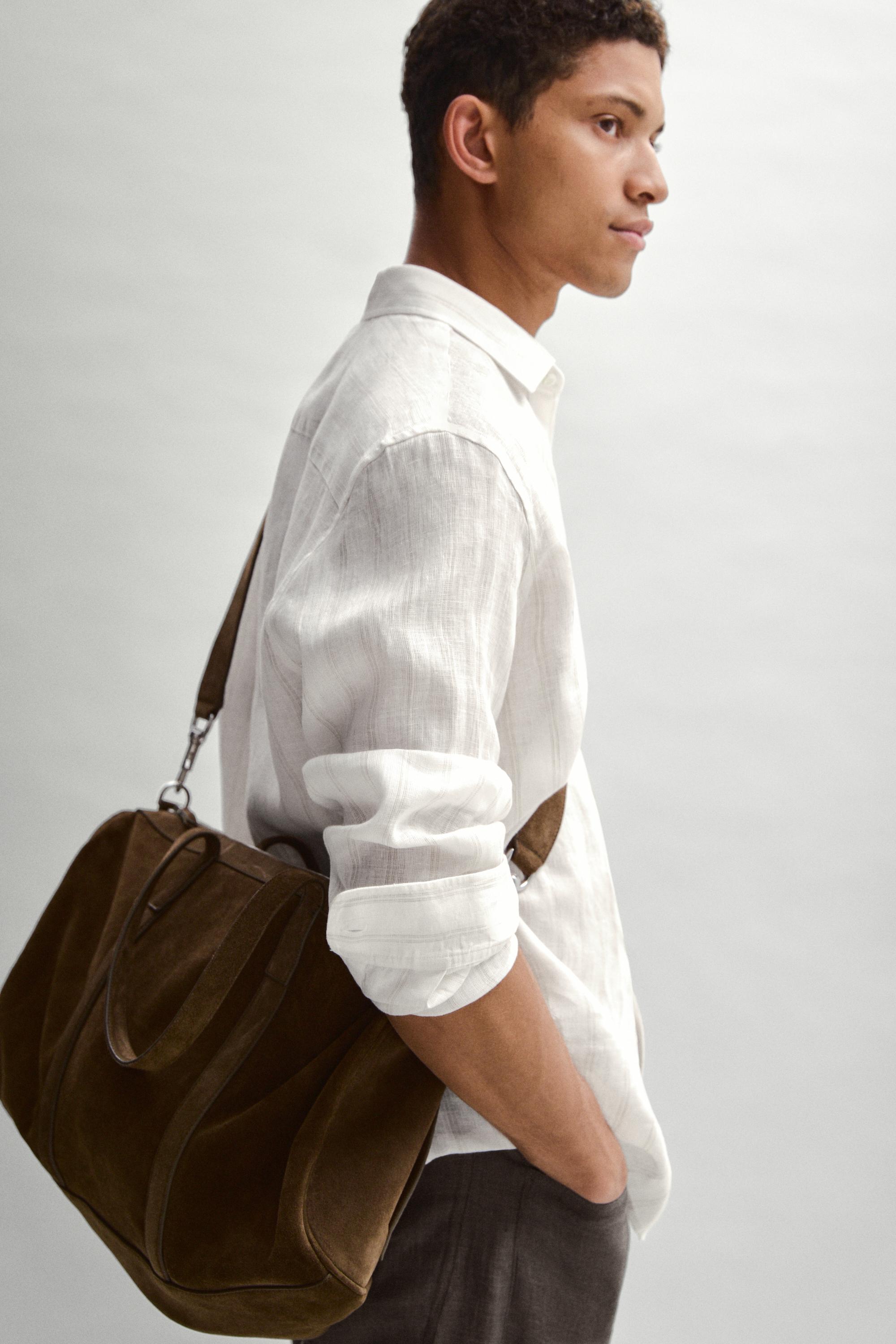 100% linen regular fit striped shirt — BEIGE