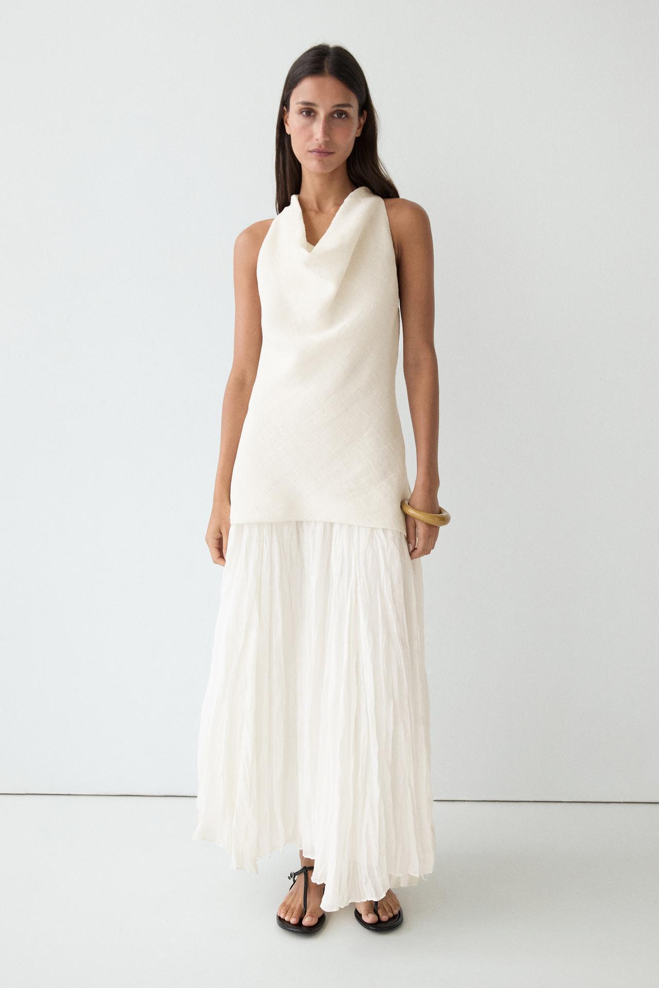 Combined flowing pleated linen dress — Off white