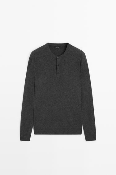 Wool-blend knit henley neck sweater — CHARCOAL 2