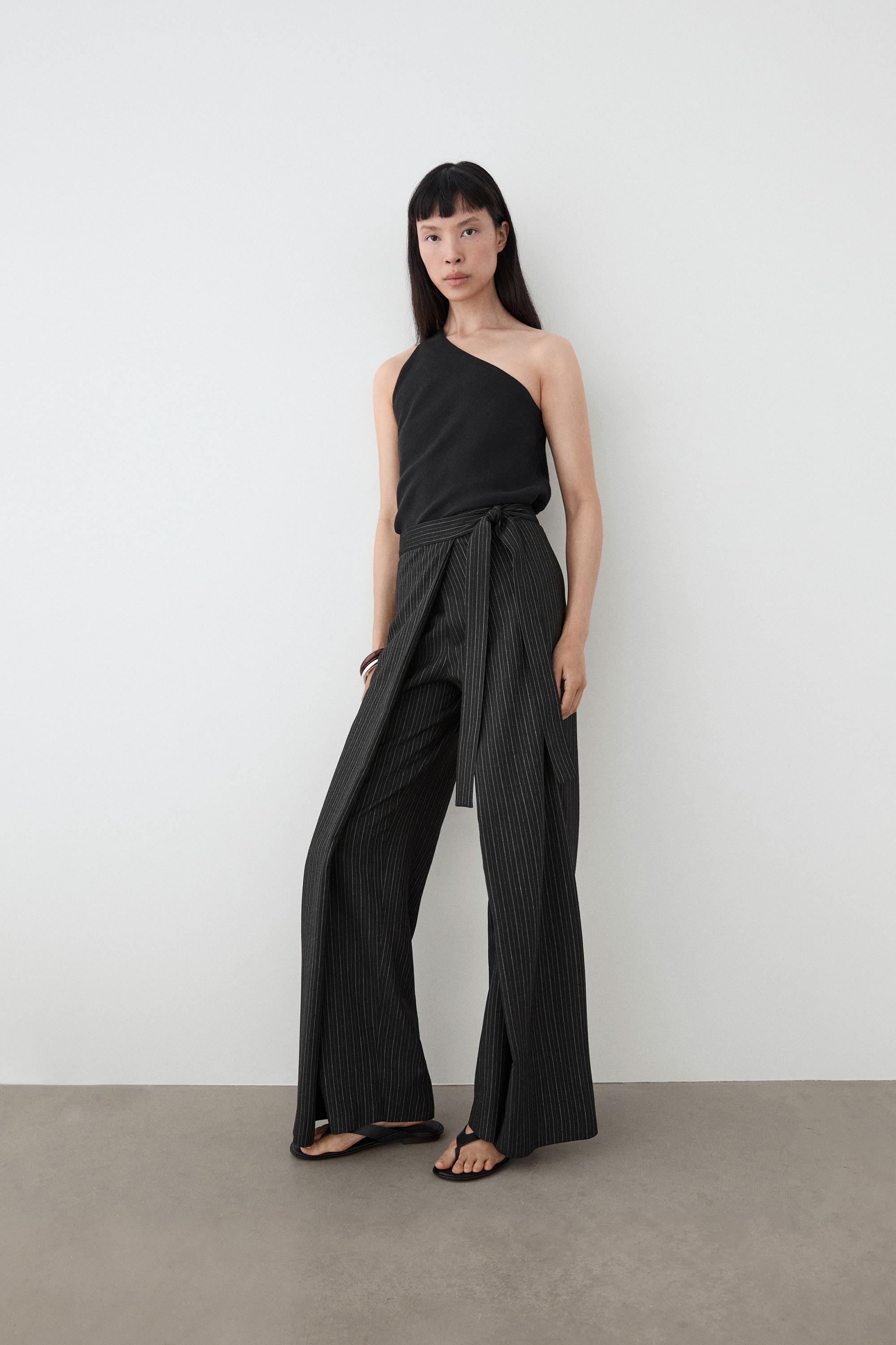 Striped trousers with wrap-style bow detail — BLACK