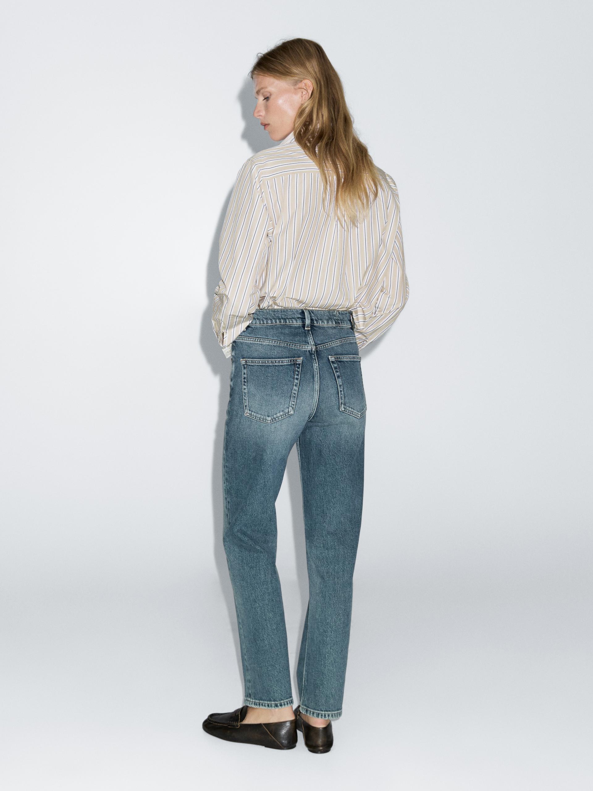 Jeans Straight Fit De Cintura Subida - Azul Médio - 40 - Massimo Dutti - Mulher