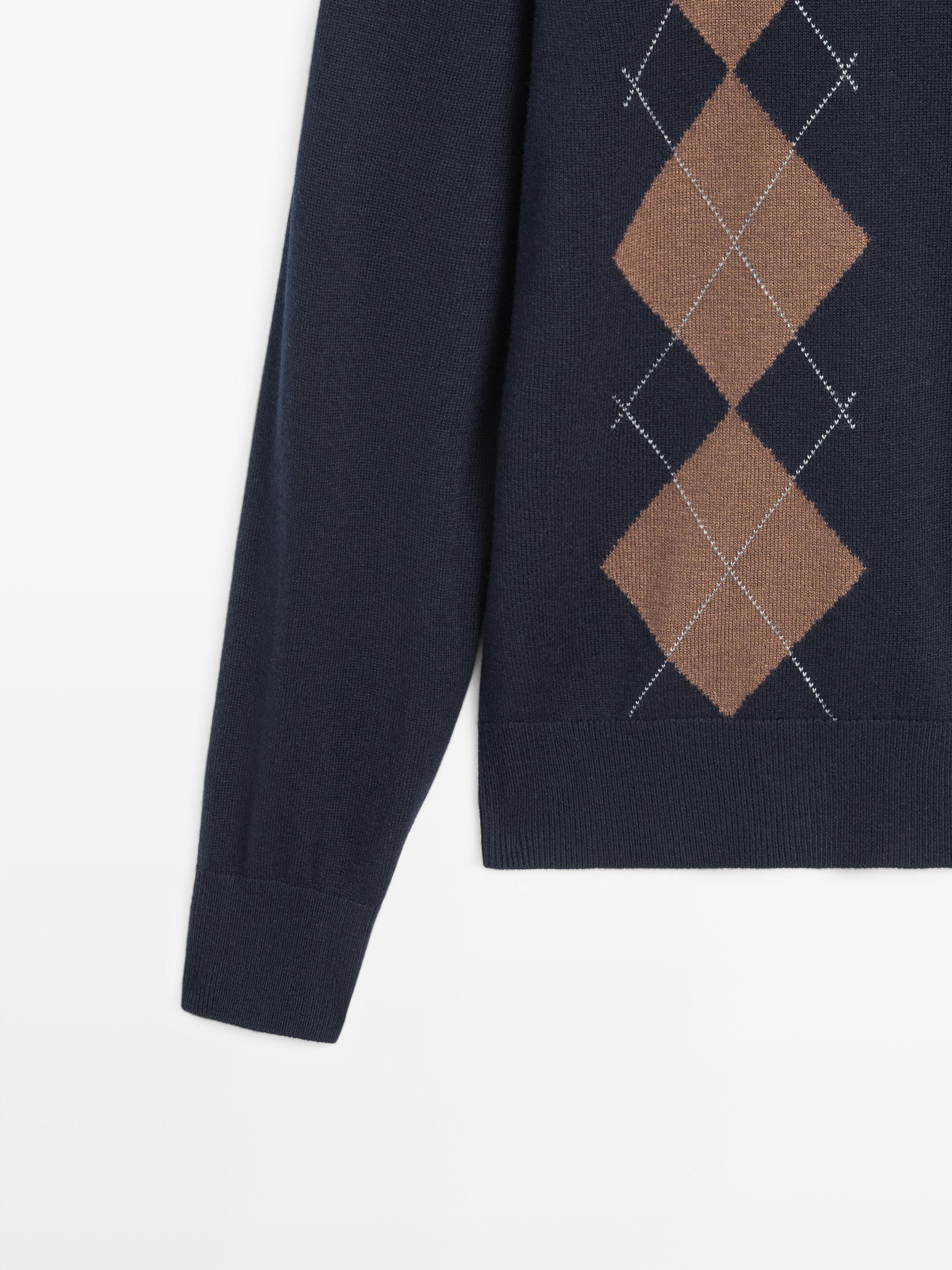 Wool blend argyle knit cardigan — NAVY BLUE
